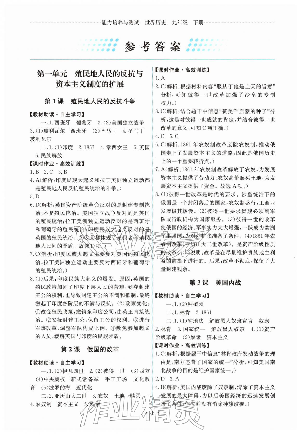 2026年能力培养与测试九年级历史下册人教版&nbsp;第1页