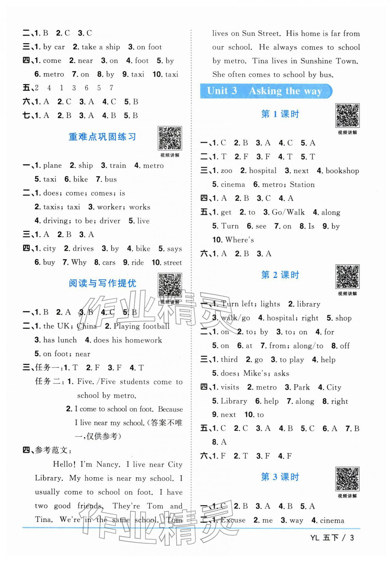 2026年阳光同学课时优化作业五年级英语下册译林版江苏专版&nbsp;参考答案第3页