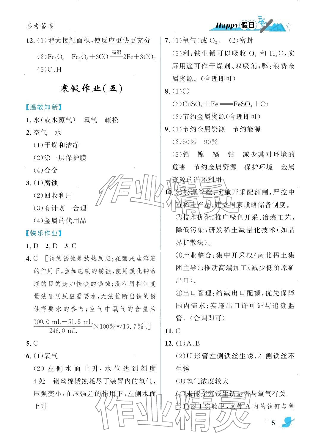 2026年寒假Happy假日九年级化学人教版五四制&nbsp;参考答案第5页