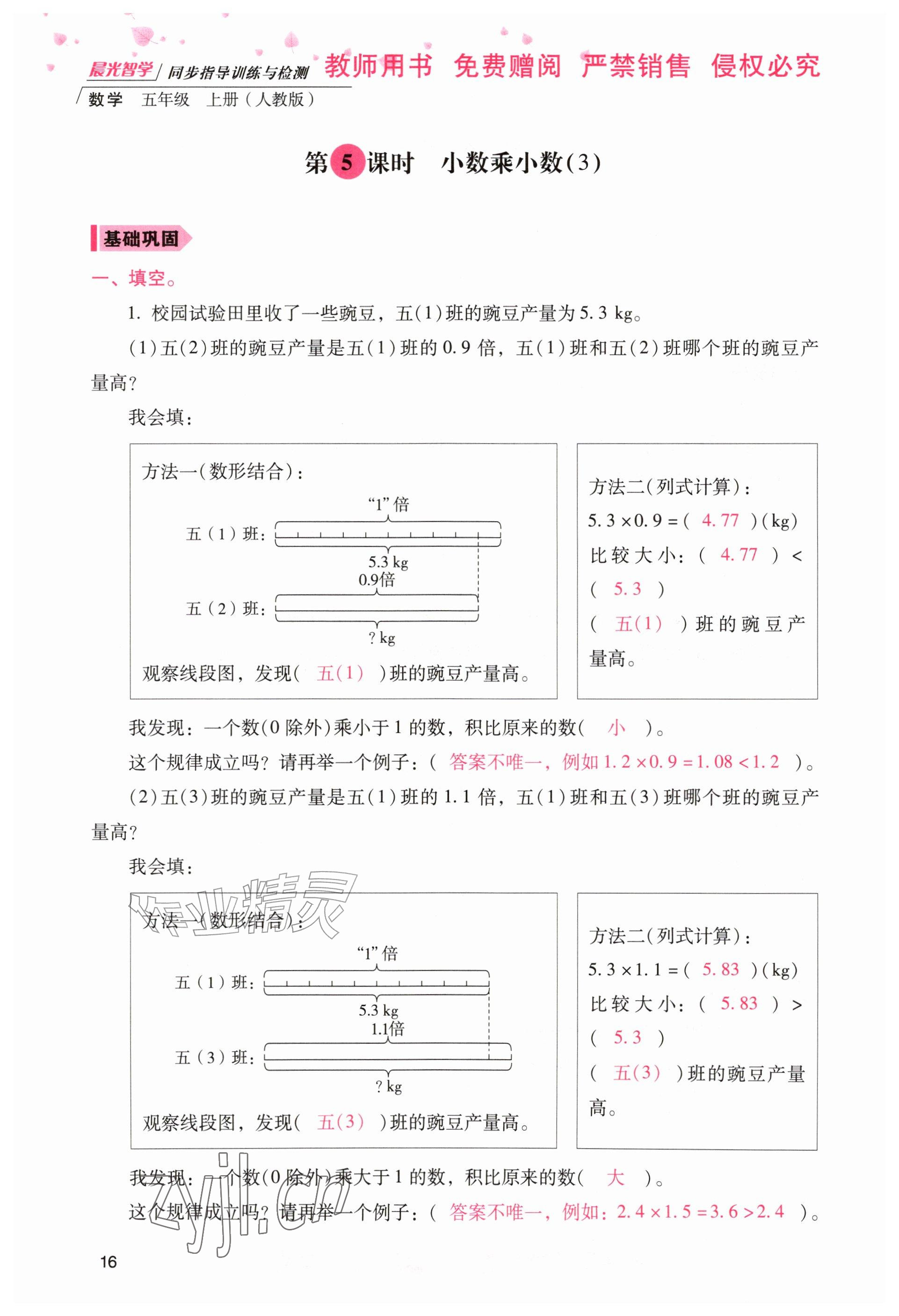 2026年晨光智学同步指导训练与检测五年级数学上册人教版&nbsp;参考答案第15页