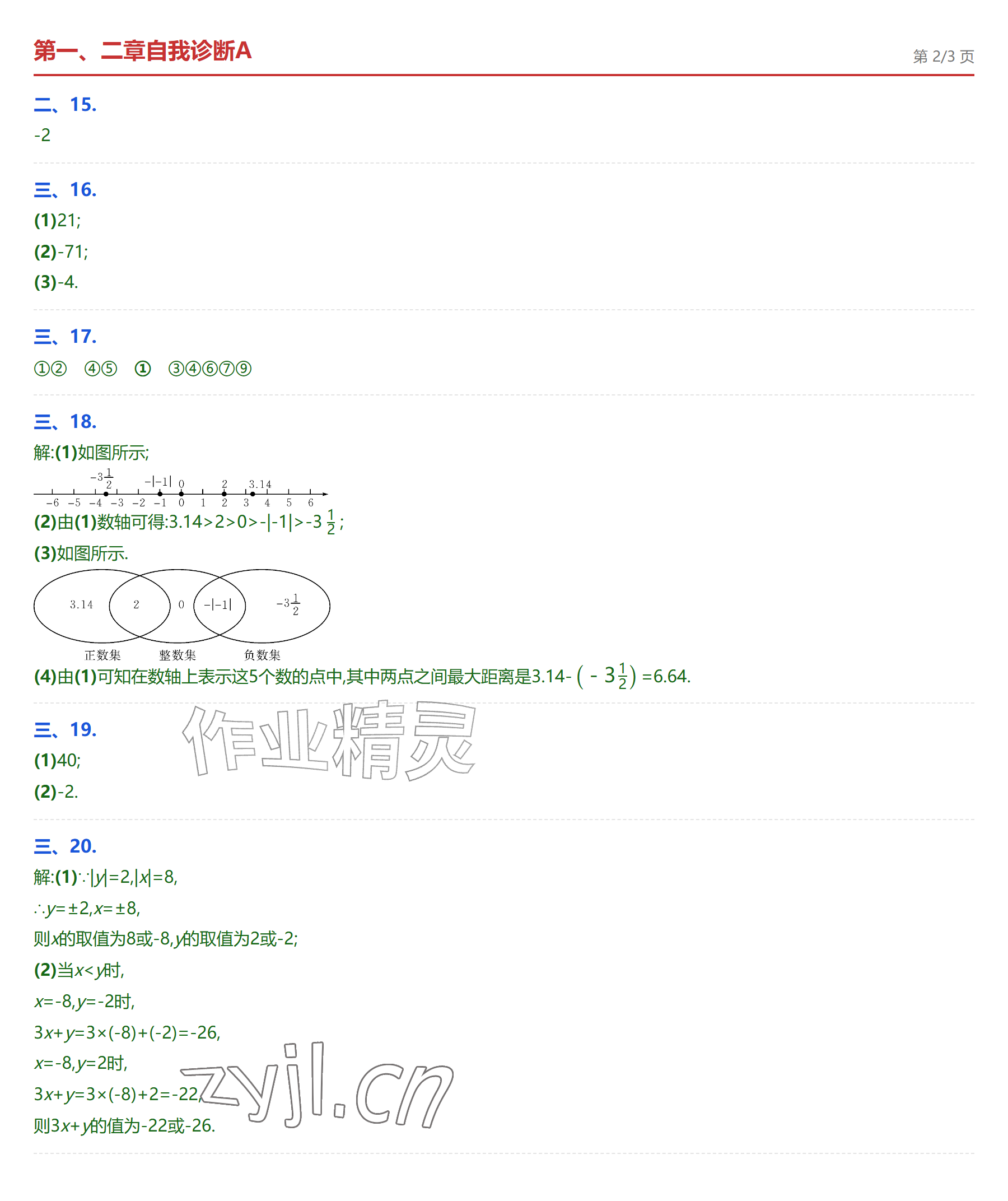 2026年学业水平评价七年级数学上册人教版&nbsp;参考答案第2页