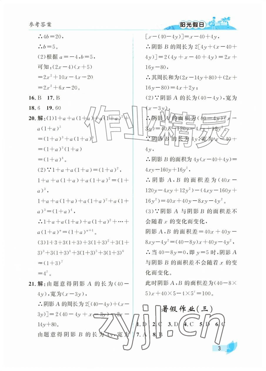 2026年阳光假日暑假七年级数学北师大版&nbsp;参考答案第3页
