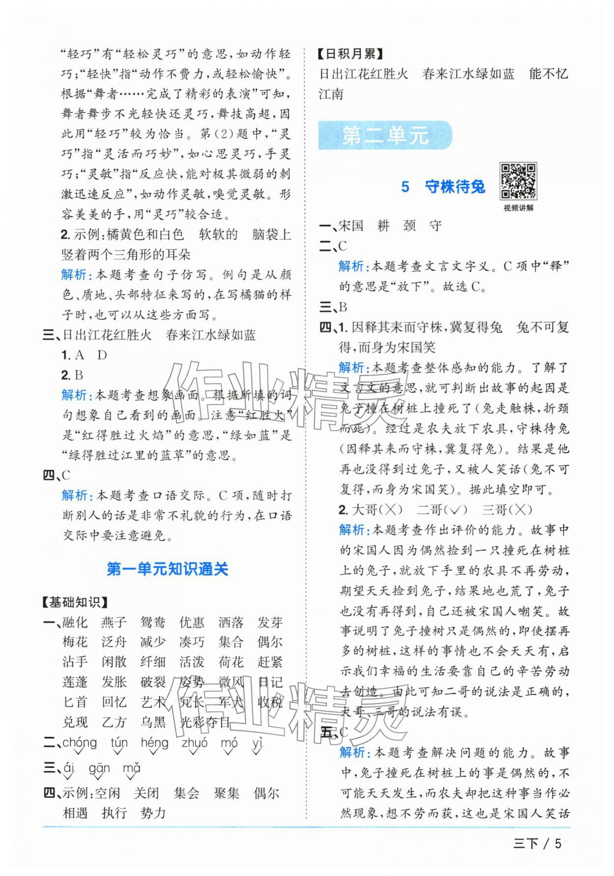 2026年阳光同学课时优化作业三年级语文下册人教版广东专版&nbsp;参考答案第5页