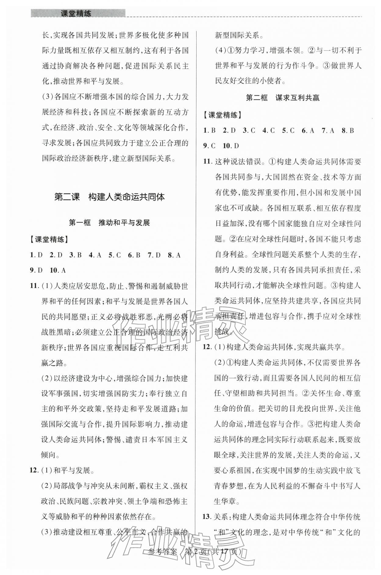 2026年课堂精练九年级道德与法治下册人教版河南专版&nbsp;参考答案第2页