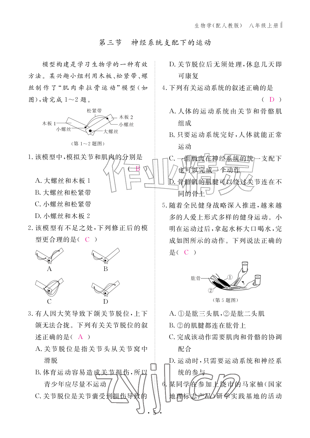 2026年作业本江西教育出版社八年级生物上册人教版&nbsp;参考答案第5页