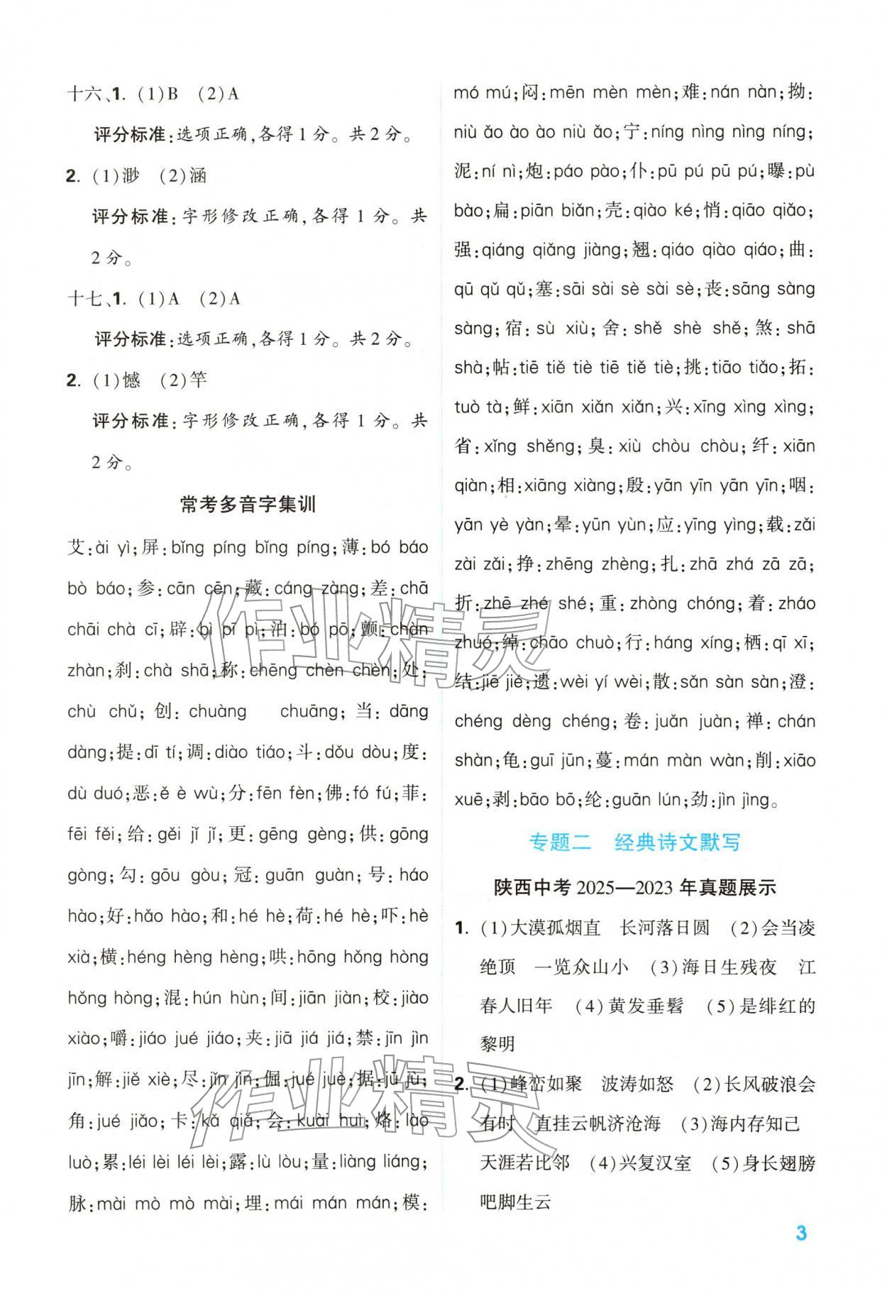 2026年中考一本通语文中考人教版陕西专版&nbsp;参考答案第3页