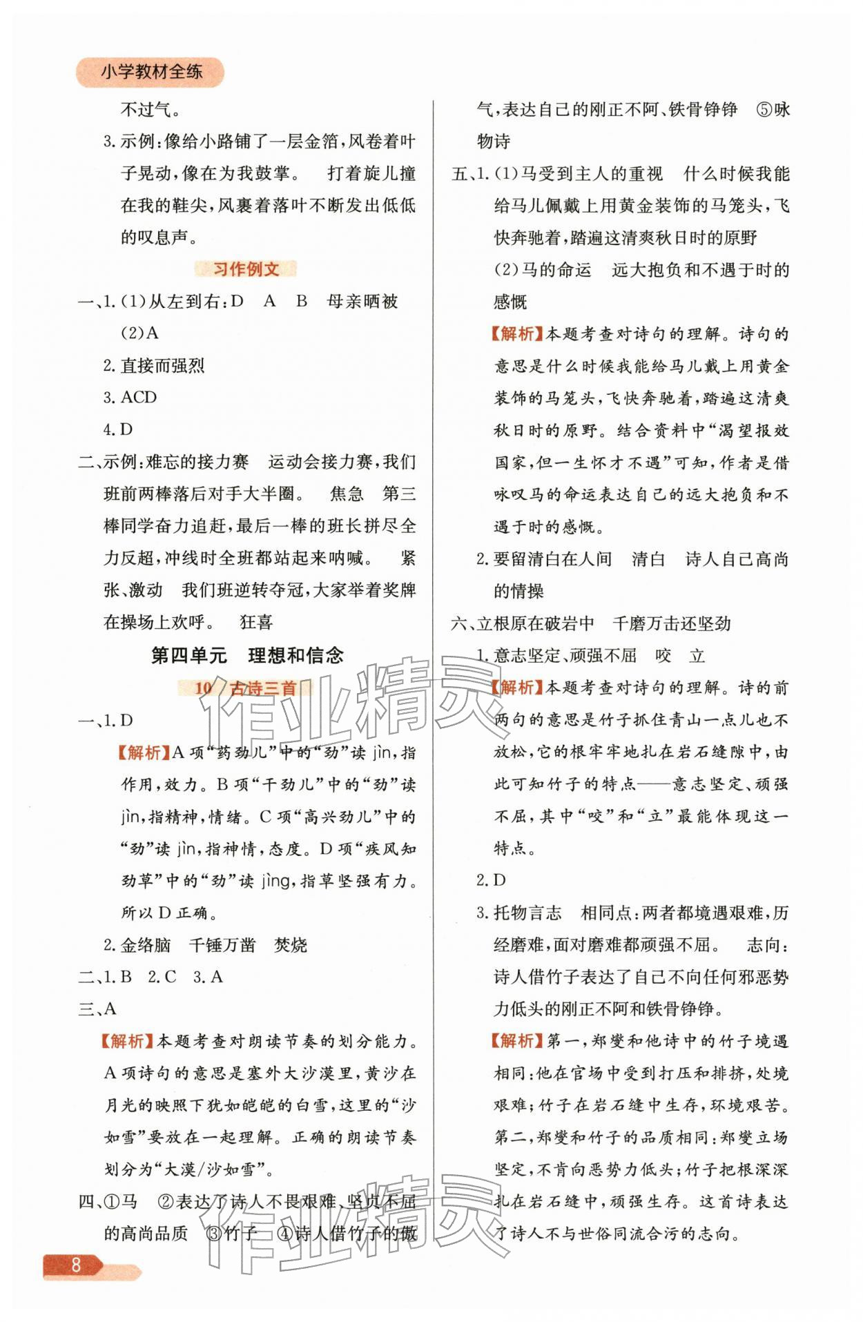 2026年教材全练六年级语文下册人教版&nbsp;参考答案第8页