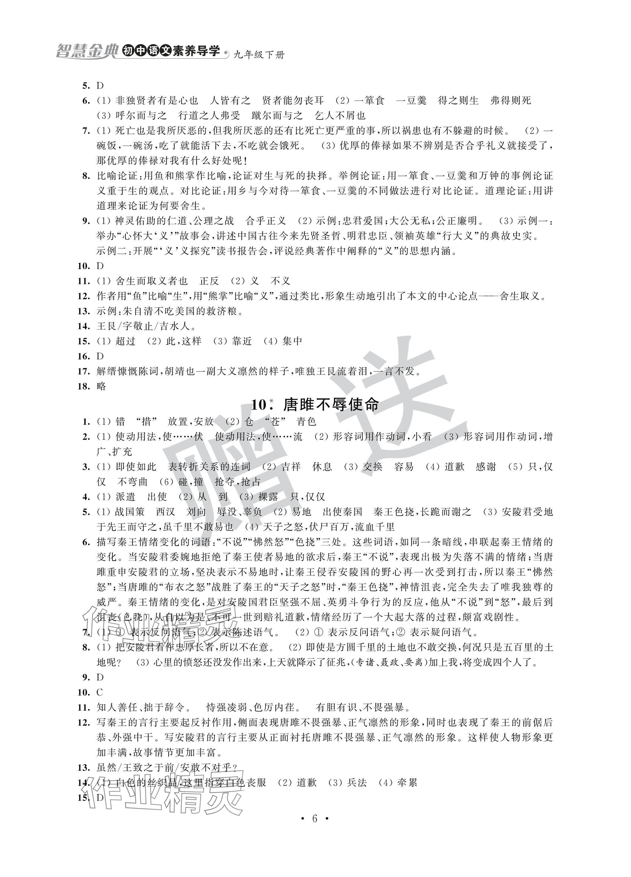 2025年智慧金典素养导学九年级语文下册人教版&nbsp;参考答案第6页