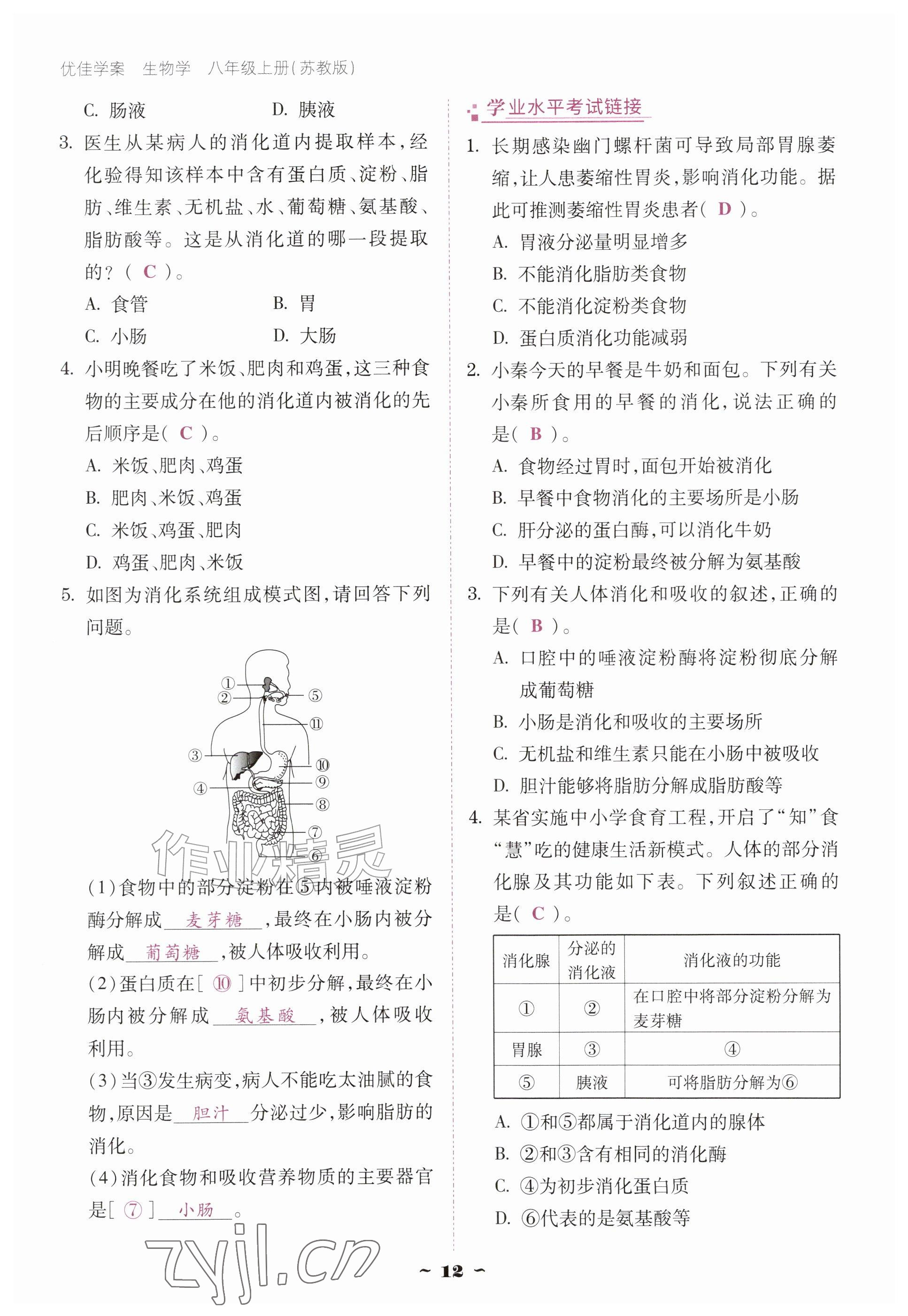2026年优佳学案（云南）八年级生物上册苏教版&nbsp;参考答案第12页