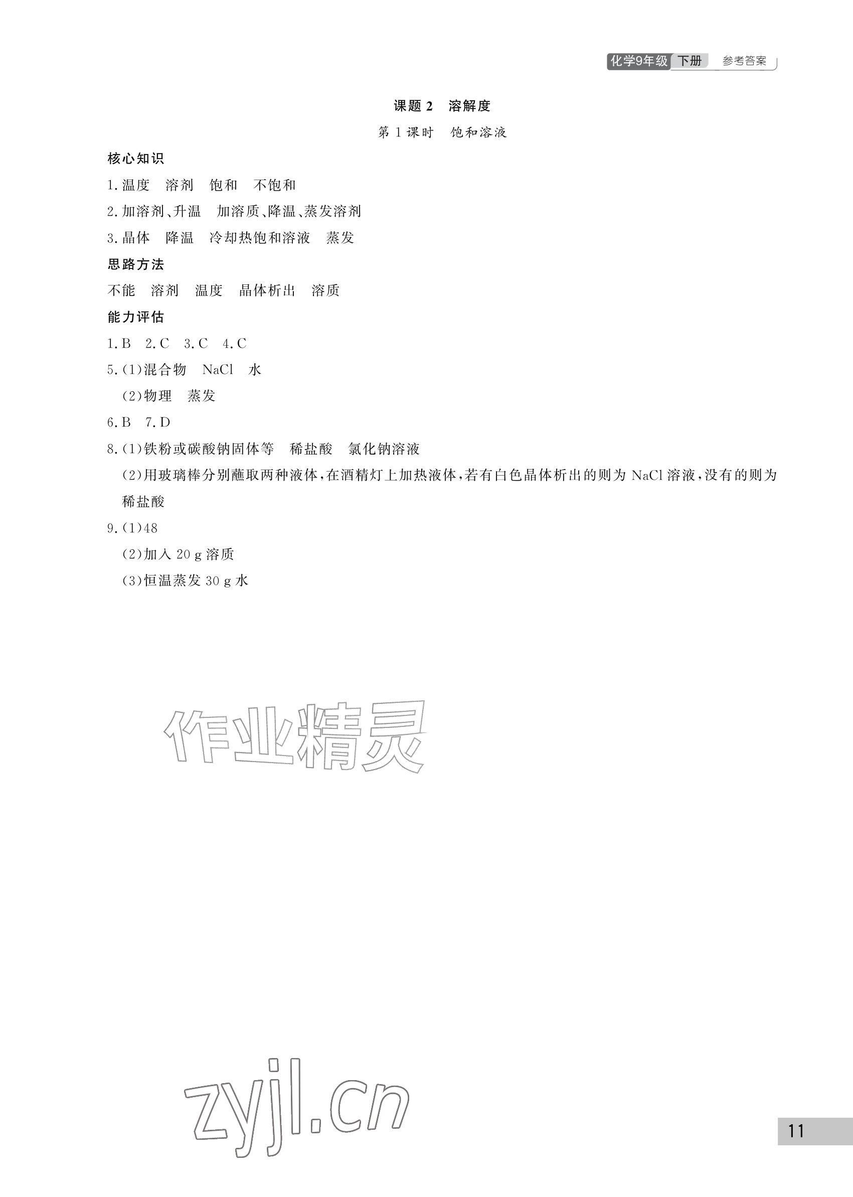 2027年课堂作业武汉出版社九年级化学下册人教版&nbsp;参考答案第11页