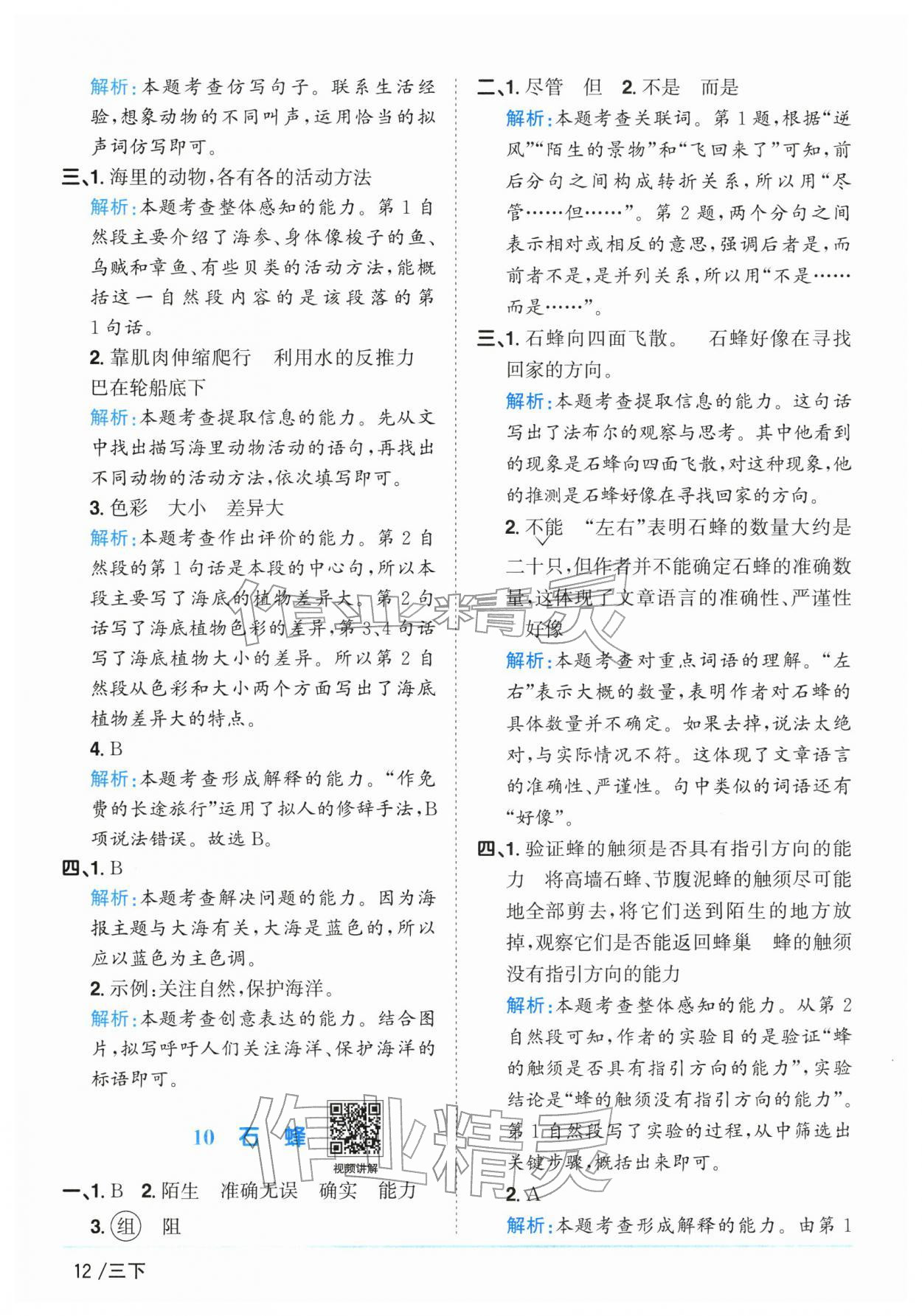 2026年阳光同学课时优化作业三年级语文下册人教版广东专版&nbsp;参考答案第12页