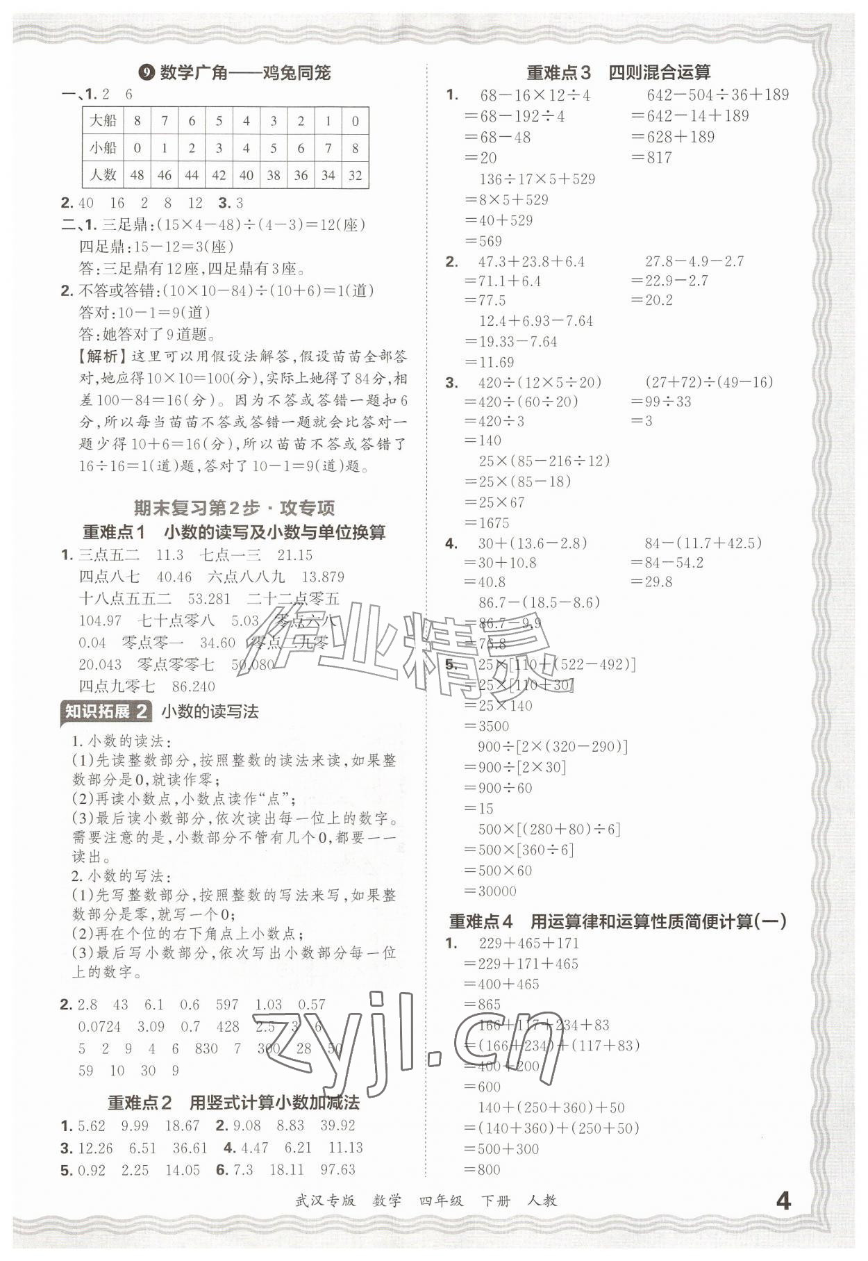 2026年王朝霞期末真题精编四年级数学下册人教版武汉专版&nbsp;参考答案第4页