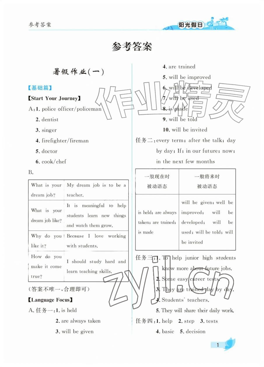 2026年阳光假日暑假八年级英语外研版&nbsp;参考答案第1页