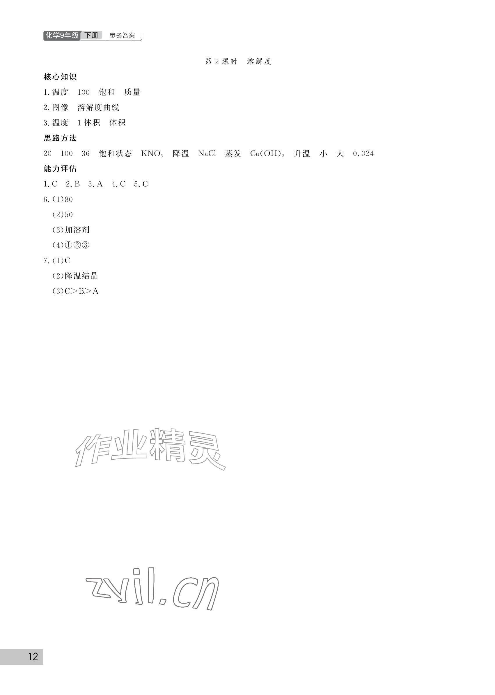 2027年课堂作业武汉出版社九年级化学下册人教版&nbsp;参考答案第12页
