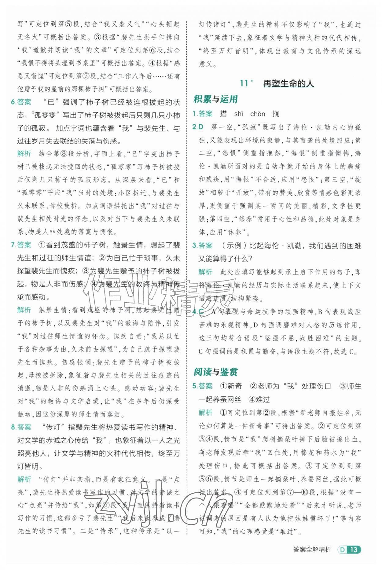 2026年5年中考3年模拟七年级语文上册人教版山东专版五四制&nbsp;参考答案第13页