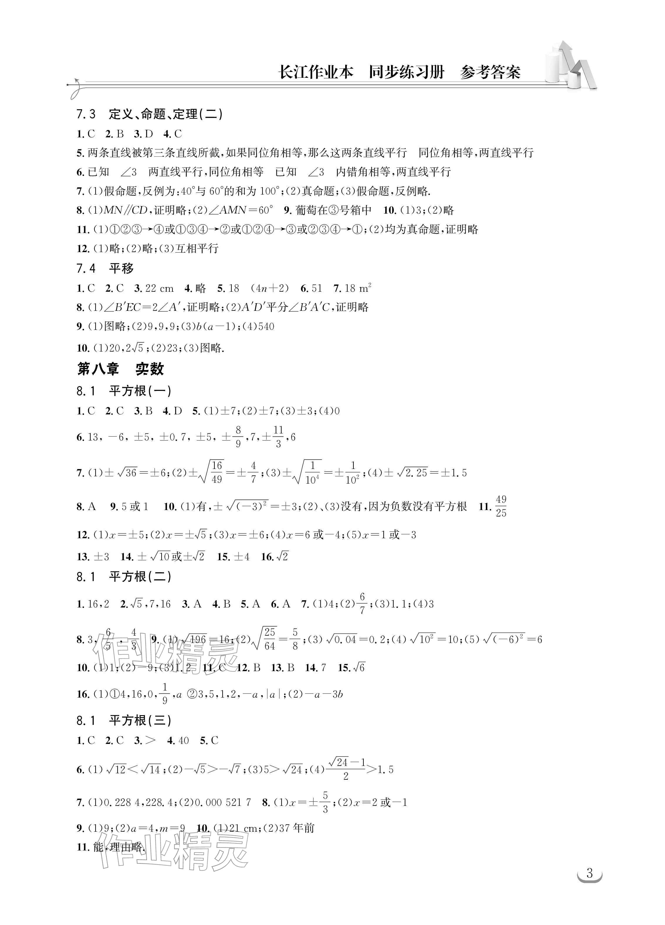 2026年长江作业本同步练习册七年级数学下册人教版&nbsp;参考答案第3页