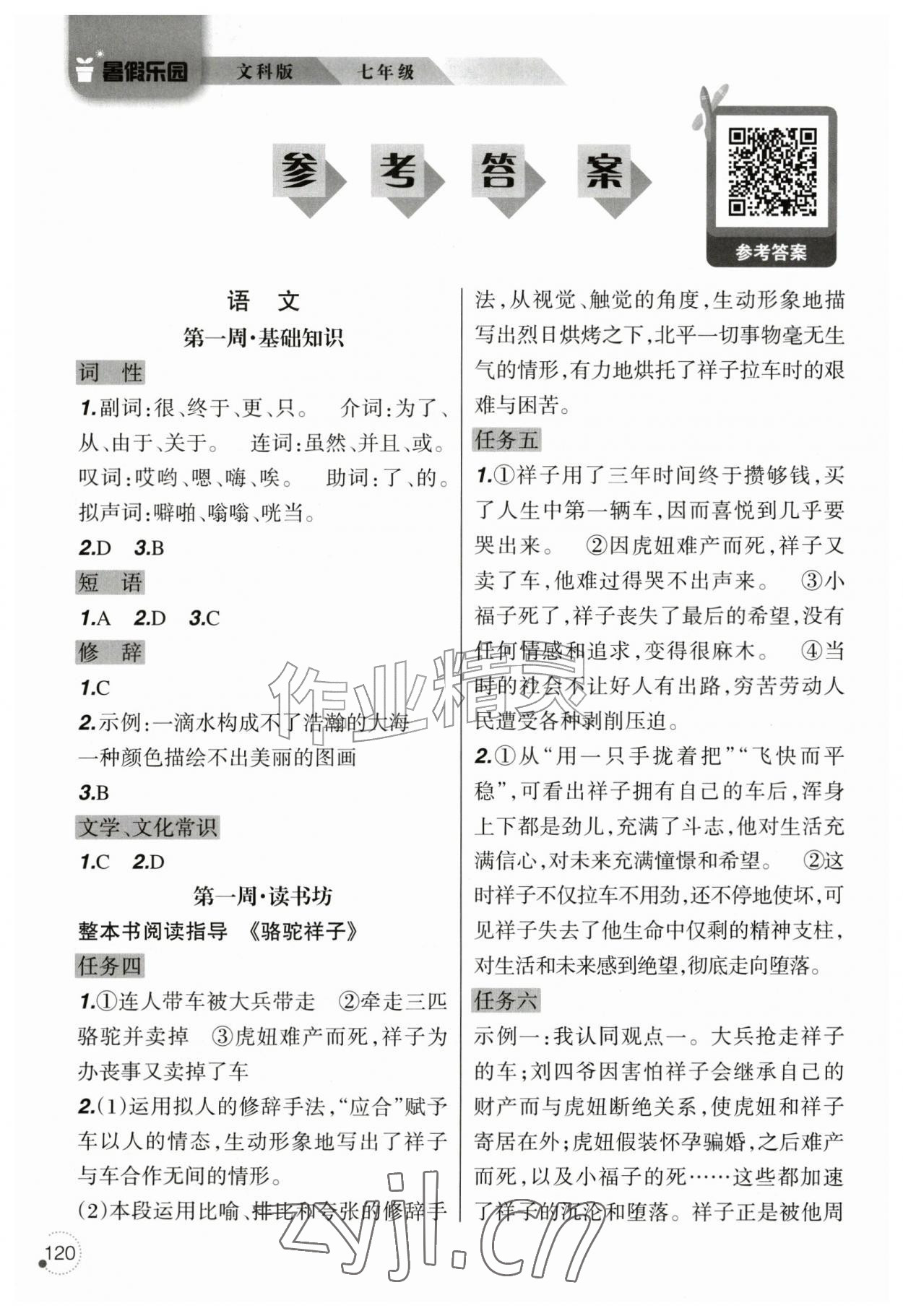 2026年暑假乐园辽宁师范大学出版社七年级文科版&nbsp;参考答案第1页