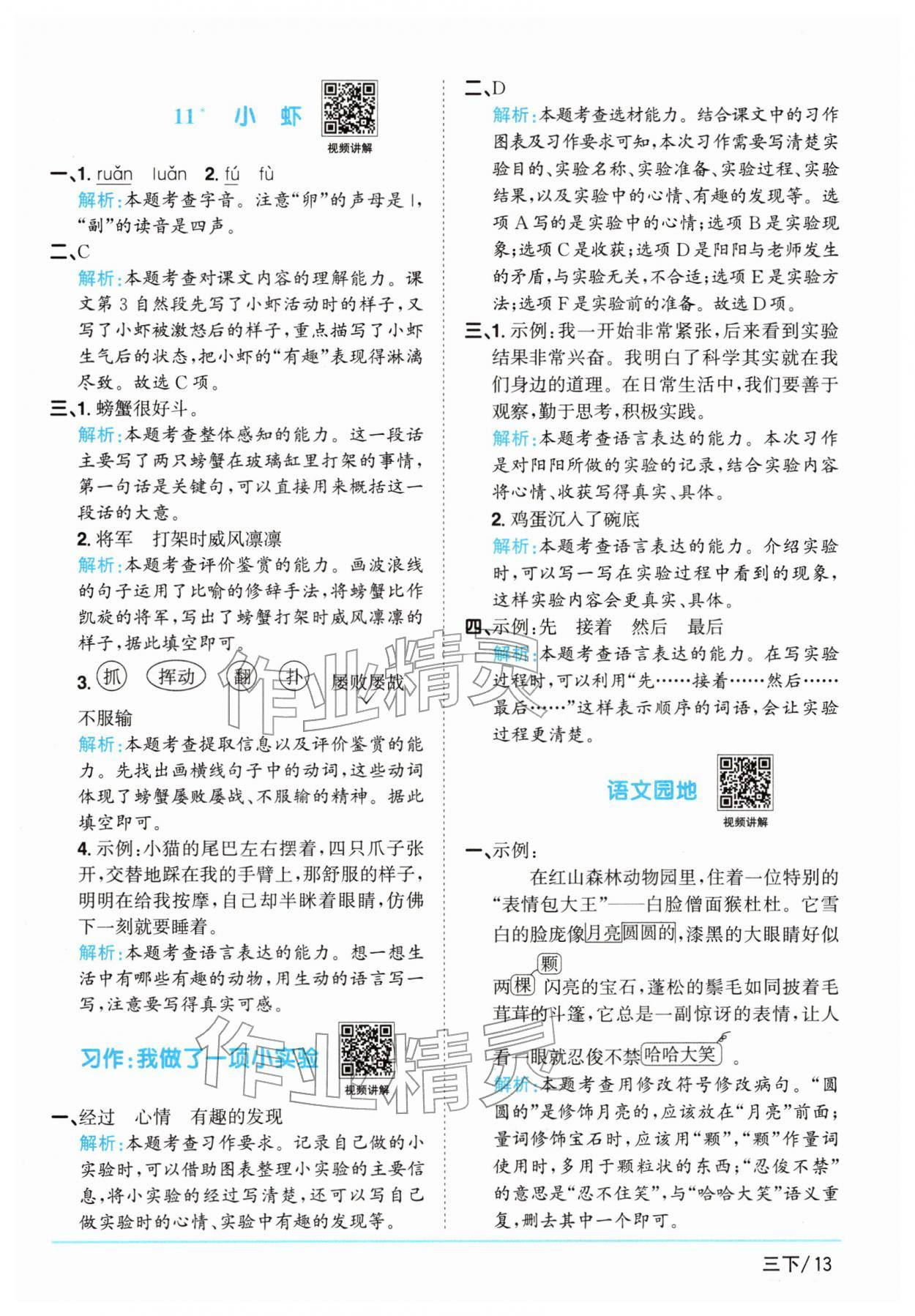 2026年阳光同学课时全优训练三年级语文下册人教版浙江专版&nbsp;参考答案第13页