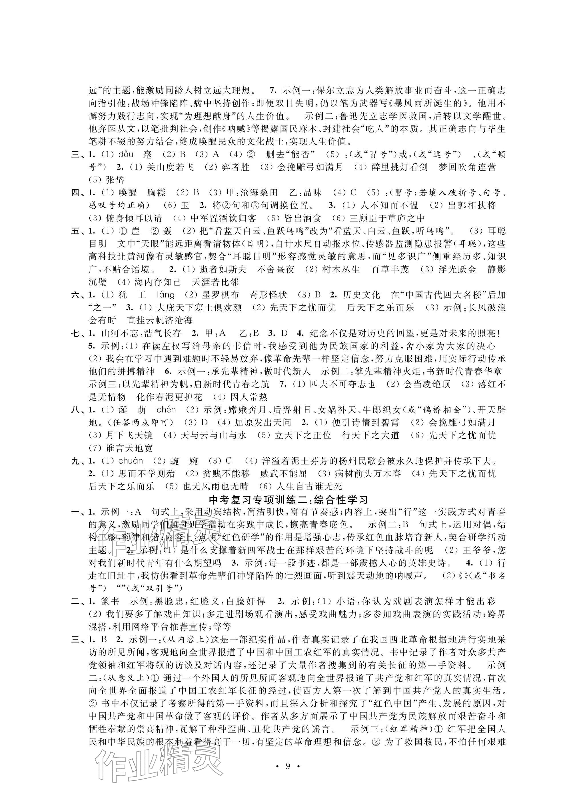 2026年自我提升与评价九年级语文下册人教版&nbsp;参考答案第9页
