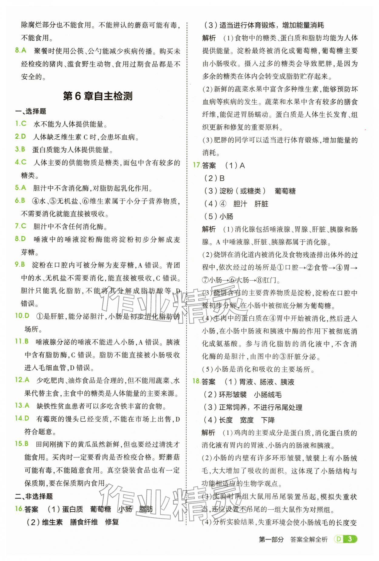 2026年5年中考3年模拟七年级生物下册北师大版&nbsp;参考答案第3页