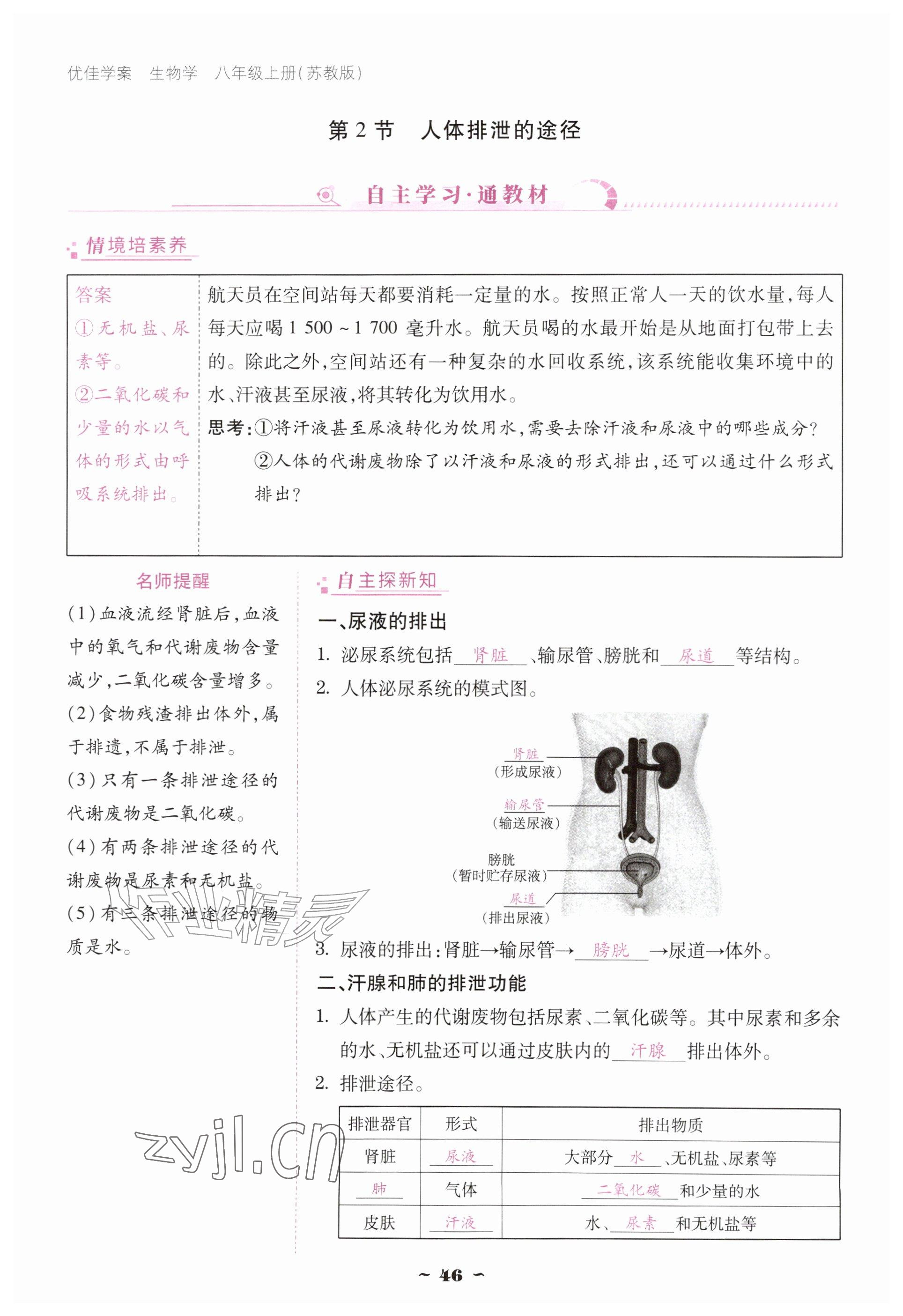2026年优佳学案（云南）八年级生物上册苏教版&nbsp;参考答案第46页