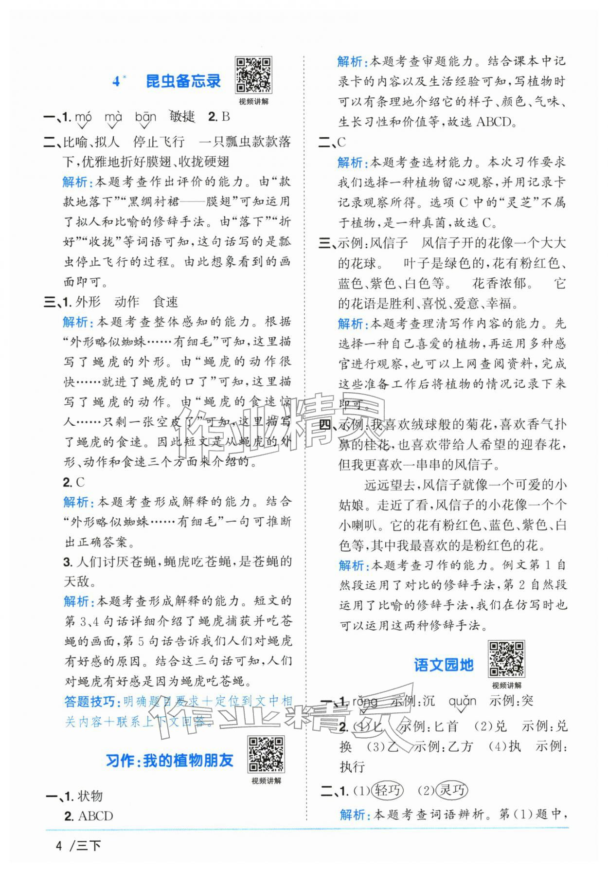 2026年阳光同学课时优化作业三年级语文下册人教版广东专版&nbsp;参考答案第4页