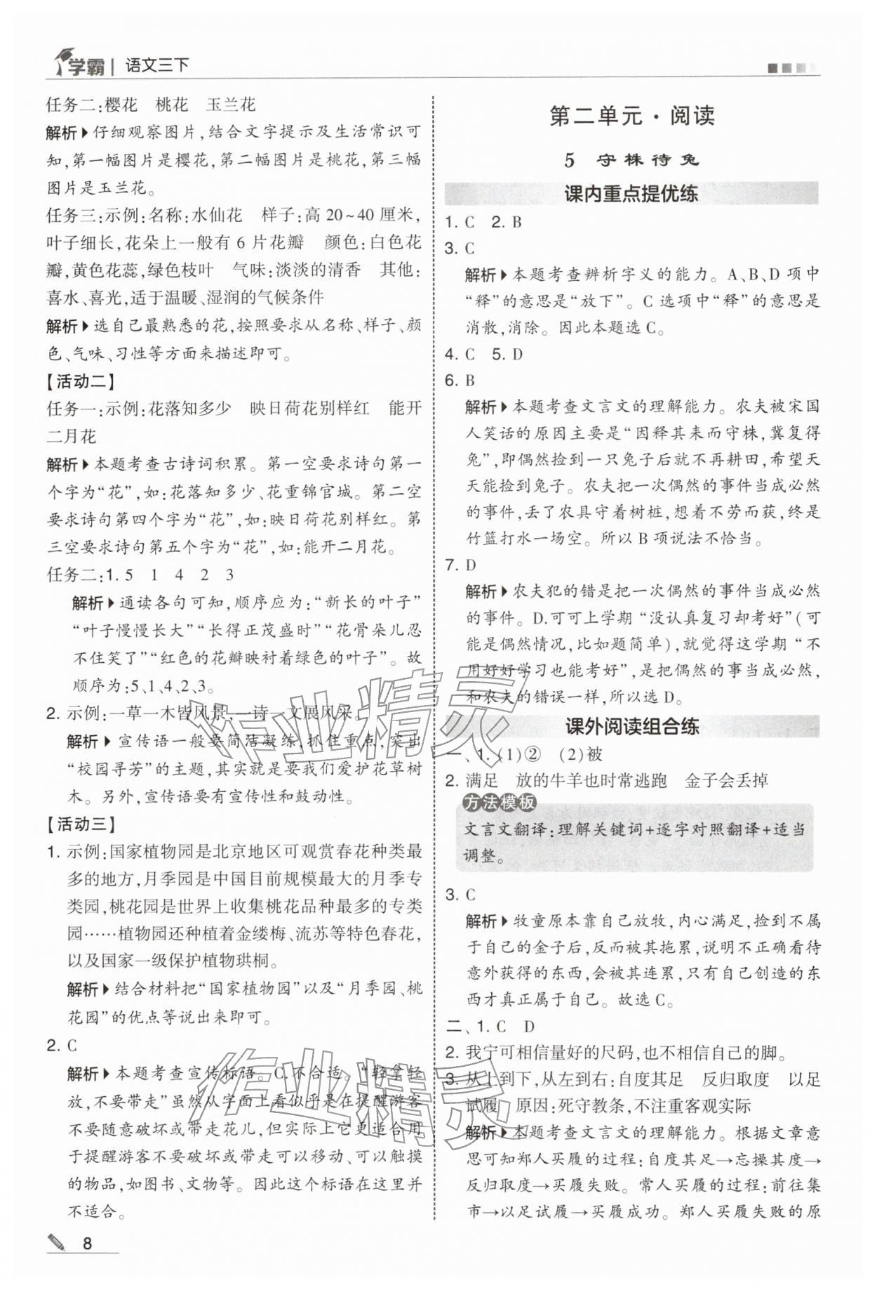 2026年学霸三年级语文下册人教版&nbsp;参考答案第8页