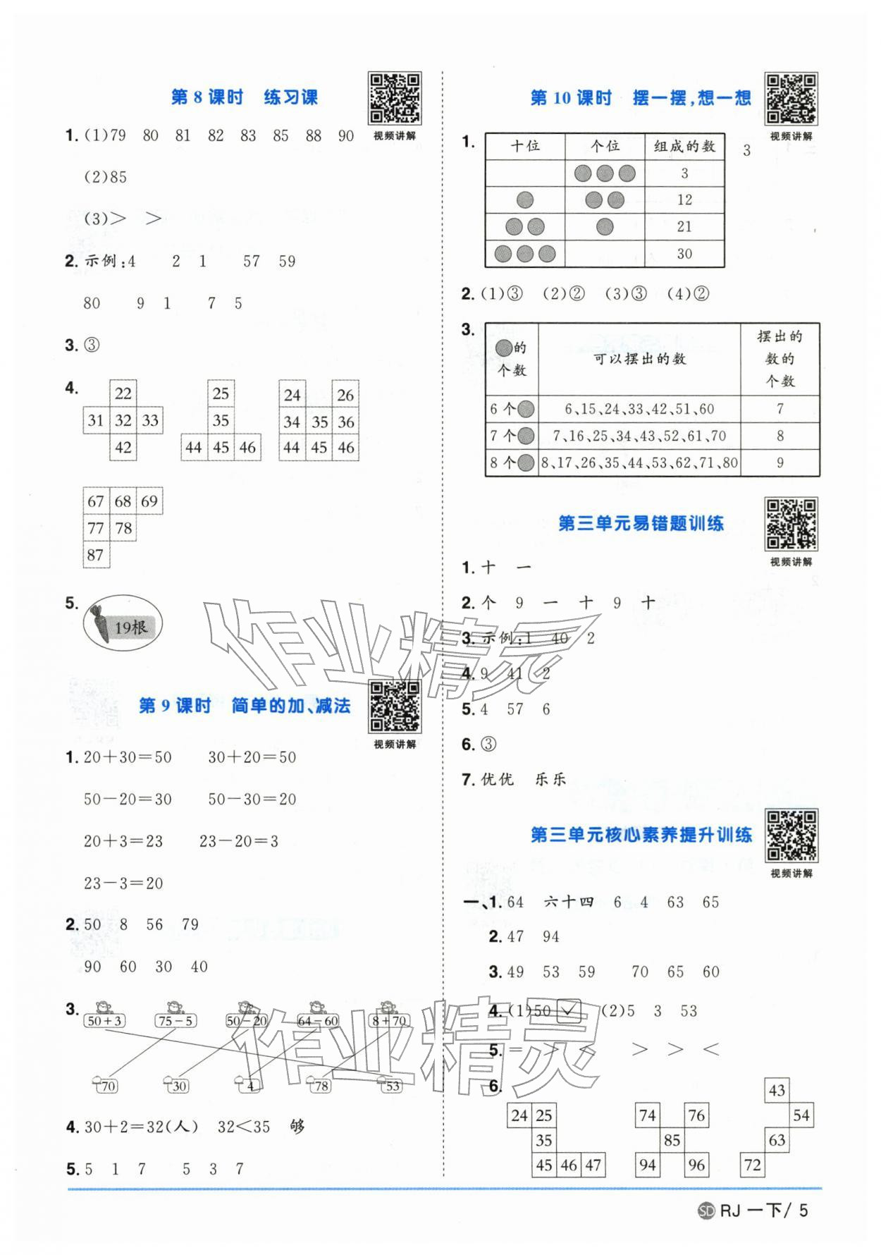 2026年阳光同学课时优化作业一年级数学下册人教版山东专版&nbsp;参考答案第5页