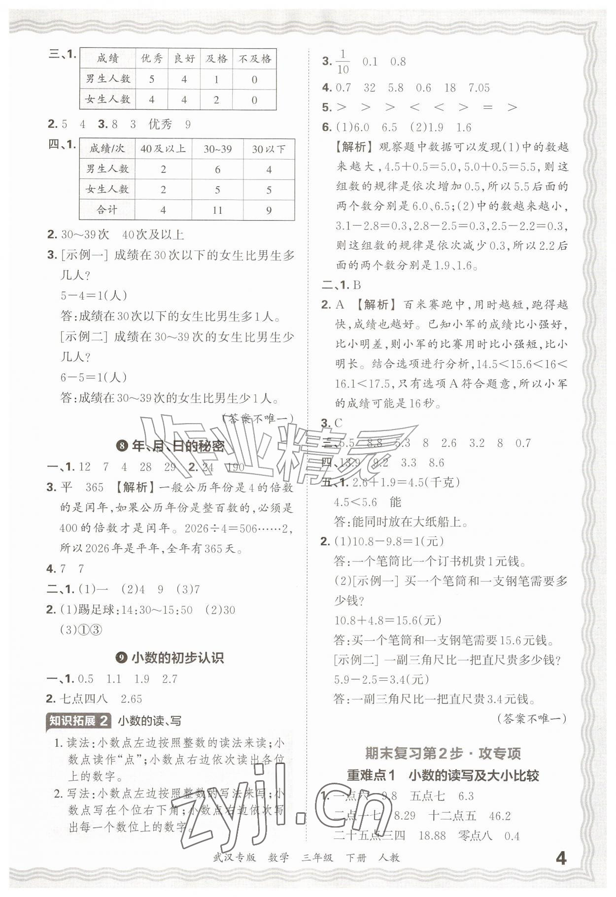 2026年王朝霞期末真题精编三年级数学下册人教版武汉专版&nbsp;参考答案第4页