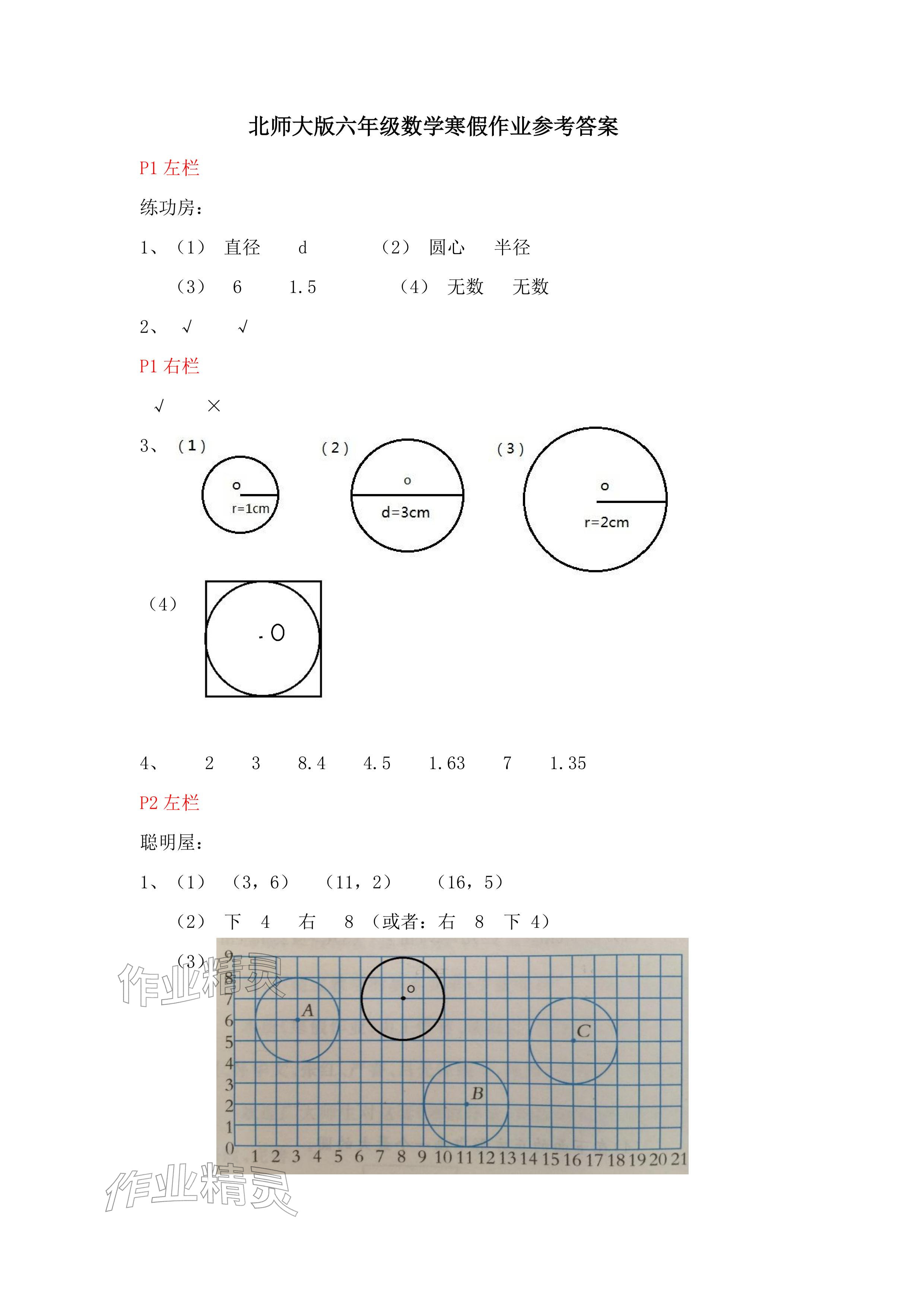 2026年寒假作业六年级数学北师大版安徽少年儿童出版社&nbsp;参考答案第1页
