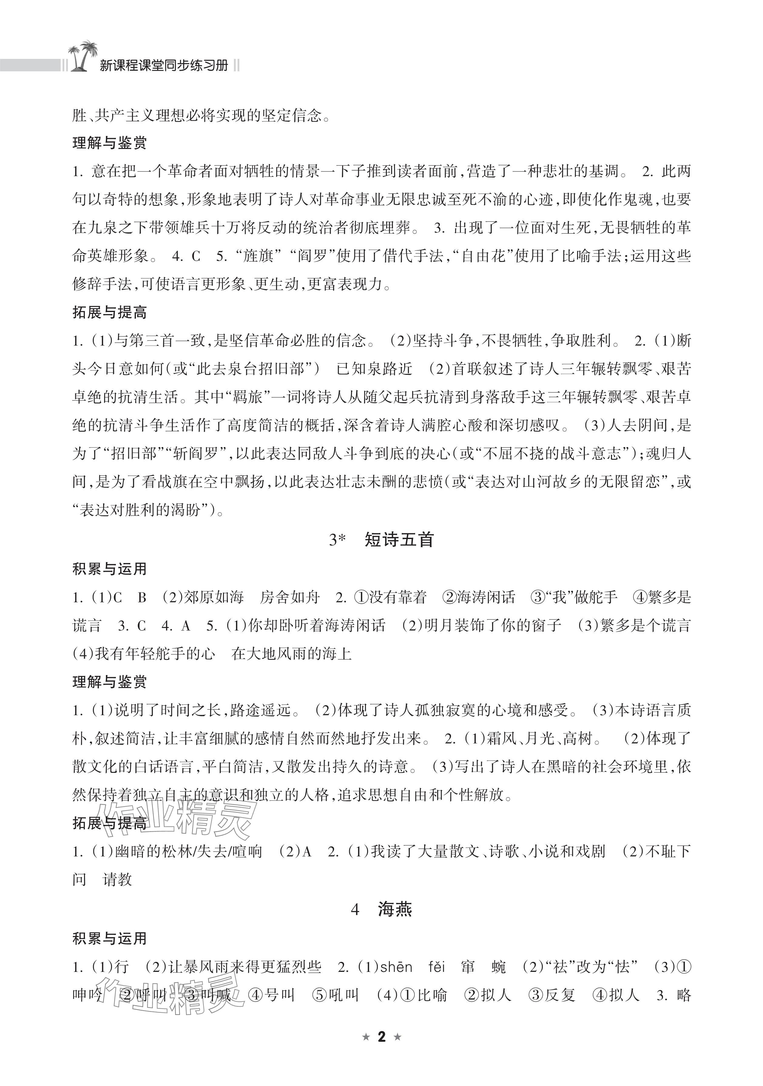2026年新课程课堂同步练习册九年级语文下册人教版&nbsp;参考答案第2页