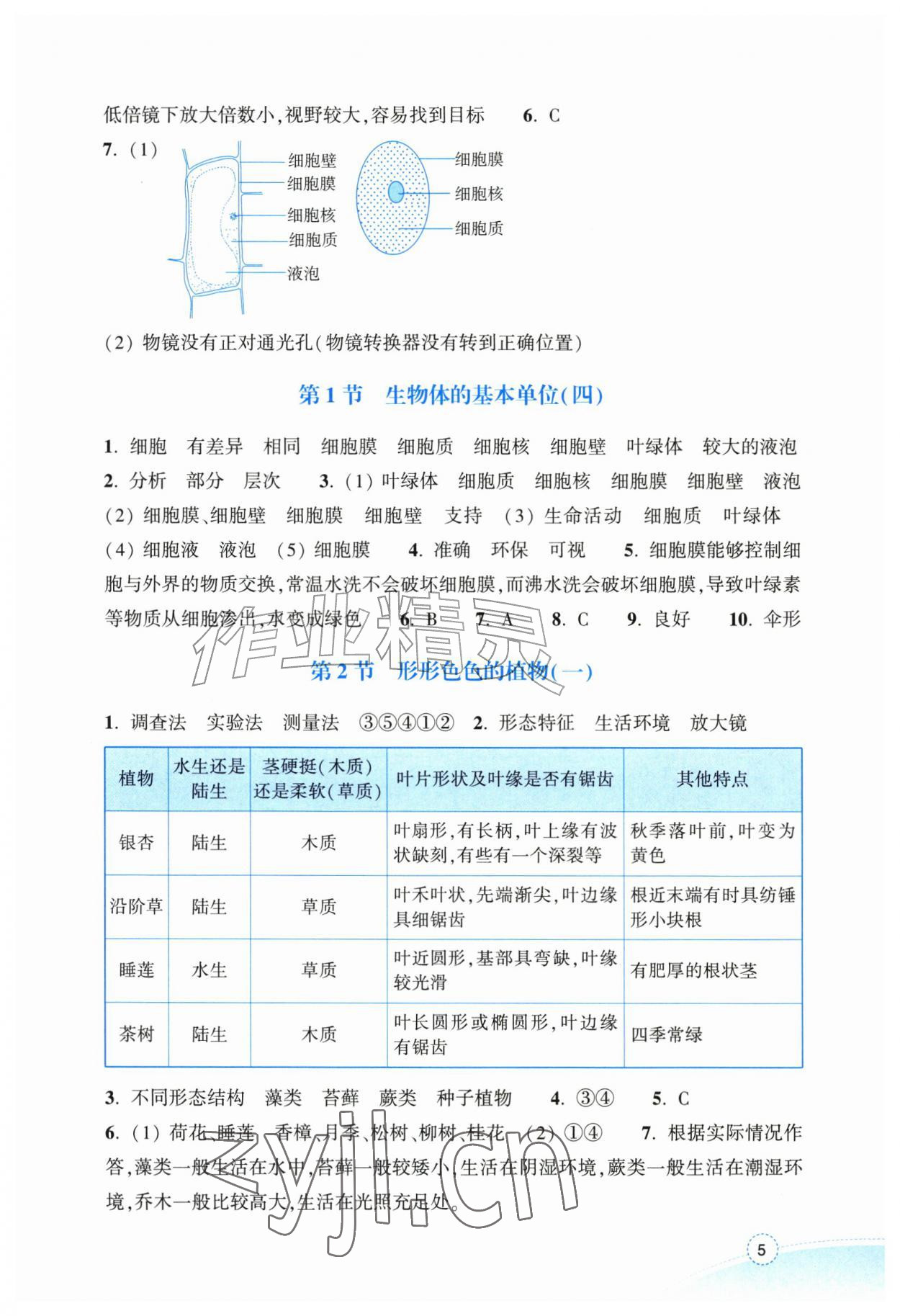 2026年作业本浙江教育出版社七年级科学上册浙教版&nbsp;参考答案第5页