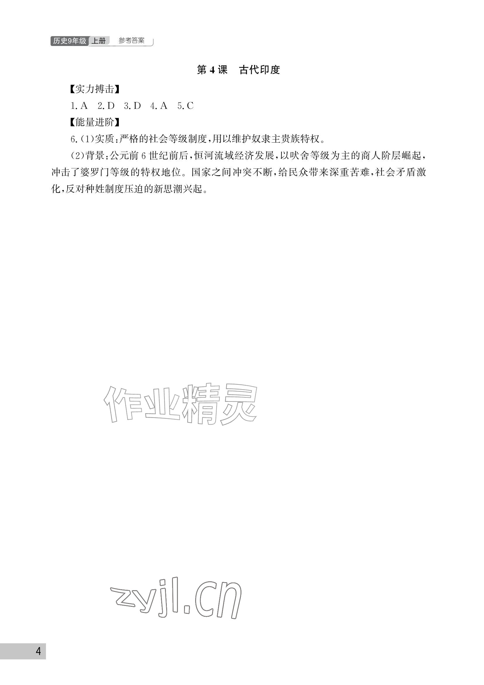 2026年课堂作业武汉出版社九年级历史上册人教版&nbsp;参考答案第4页