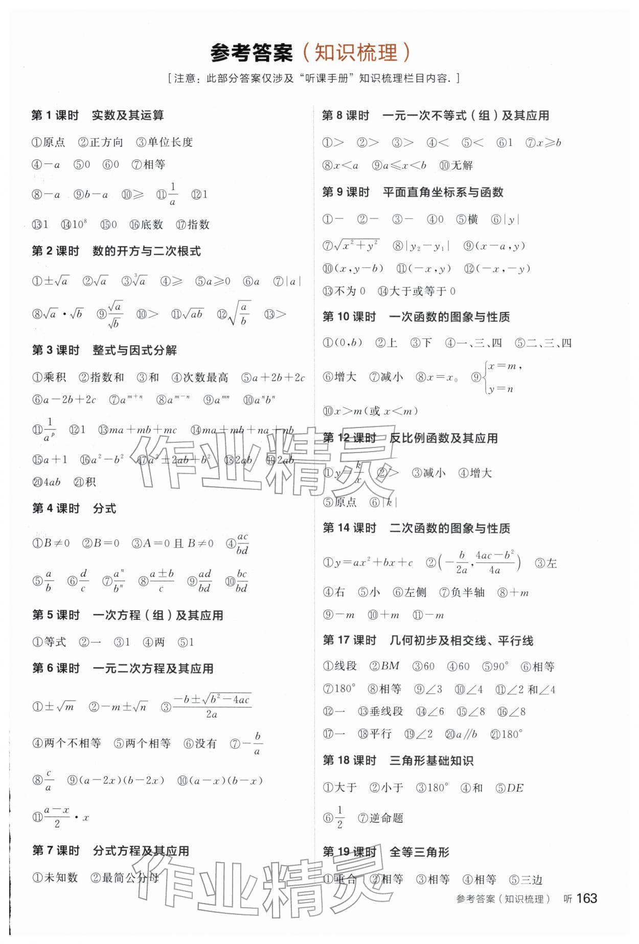 2026年全品中考复习方案数学宁夏专版&nbsp;参考答案第1页
