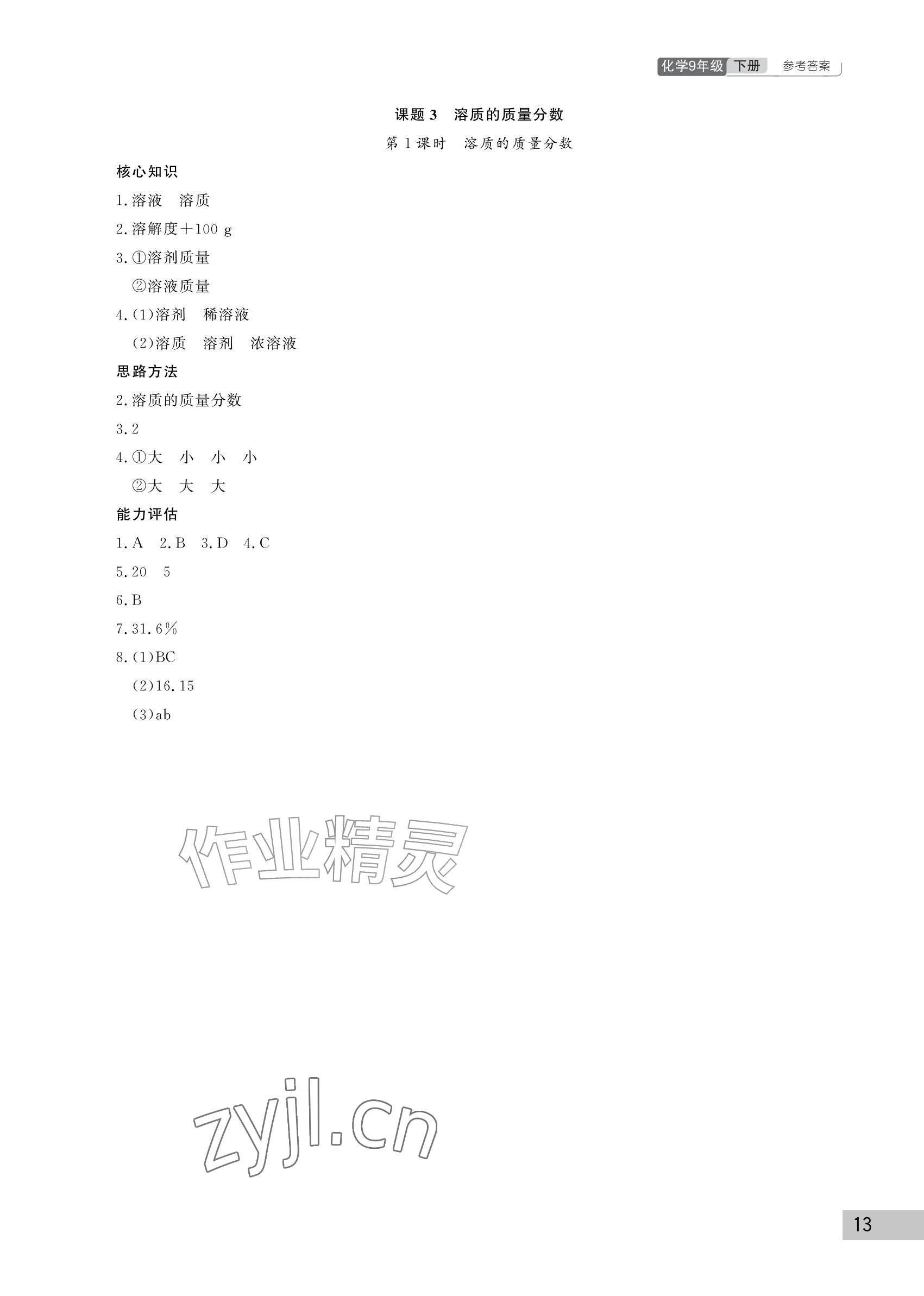 2027年课堂作业武汉出版社九年级化学下册人教版&nbsp;参考答案第13页