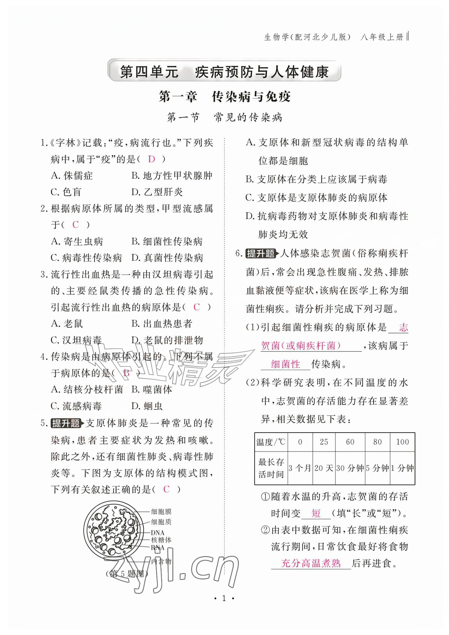 2026年作业本江西教育出版社八年级生物上册冀少版&nbsp;参考答案第1页