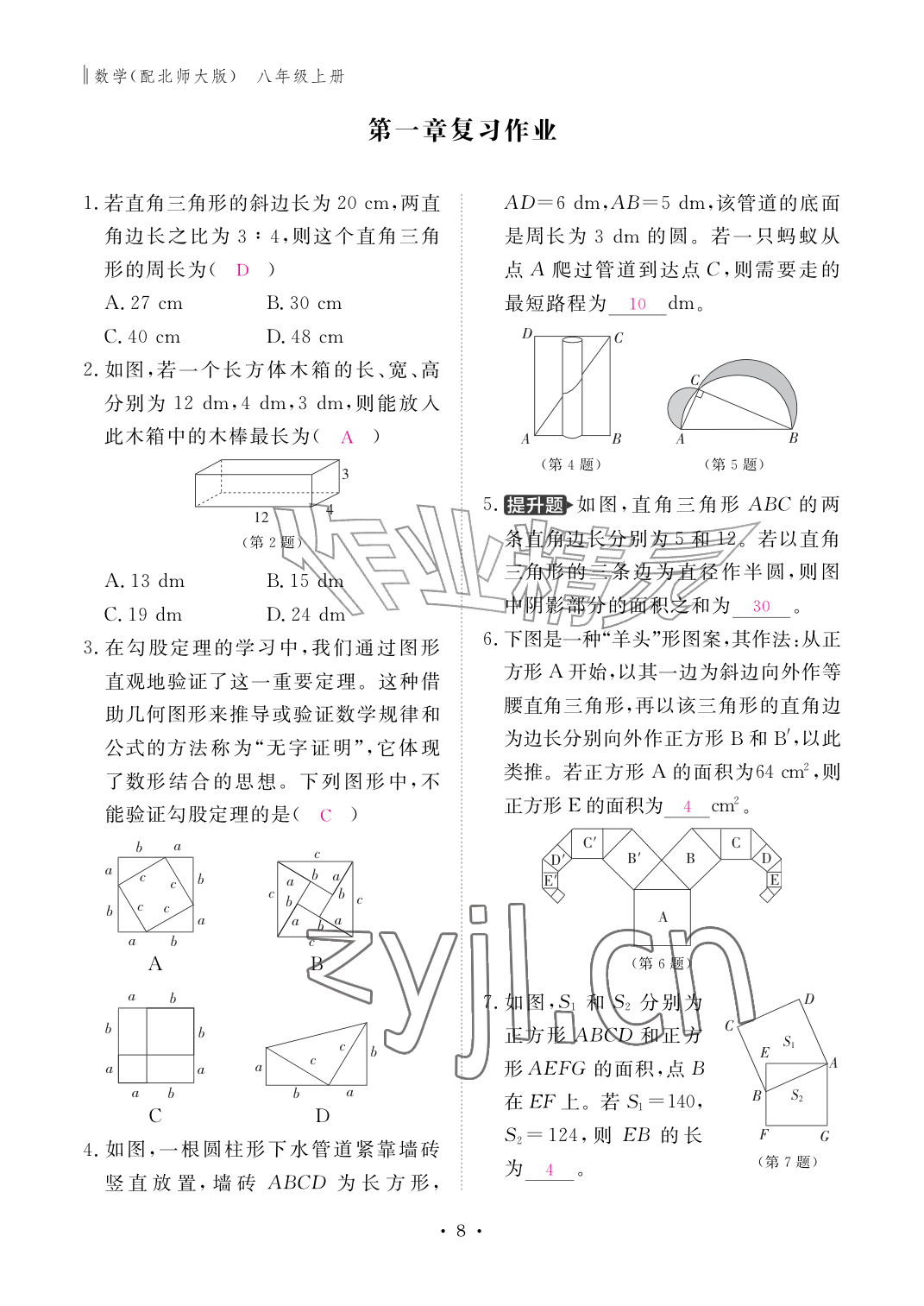 2026年作业本江西教育出版社八年级数学上册北师大版&nbsp;参考答案第8页