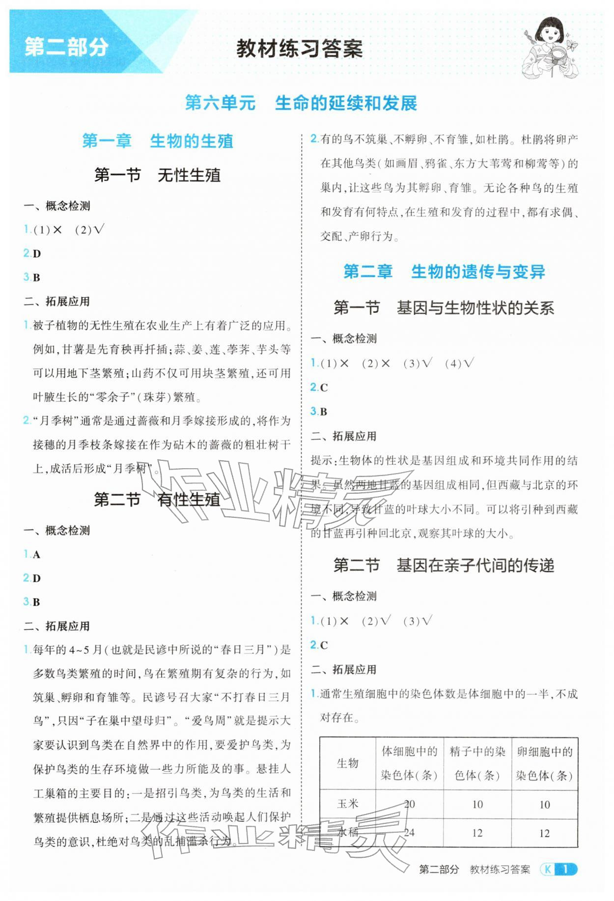 2026年教材课本八年级生物下册人教版&nbsp;参考答案第1页