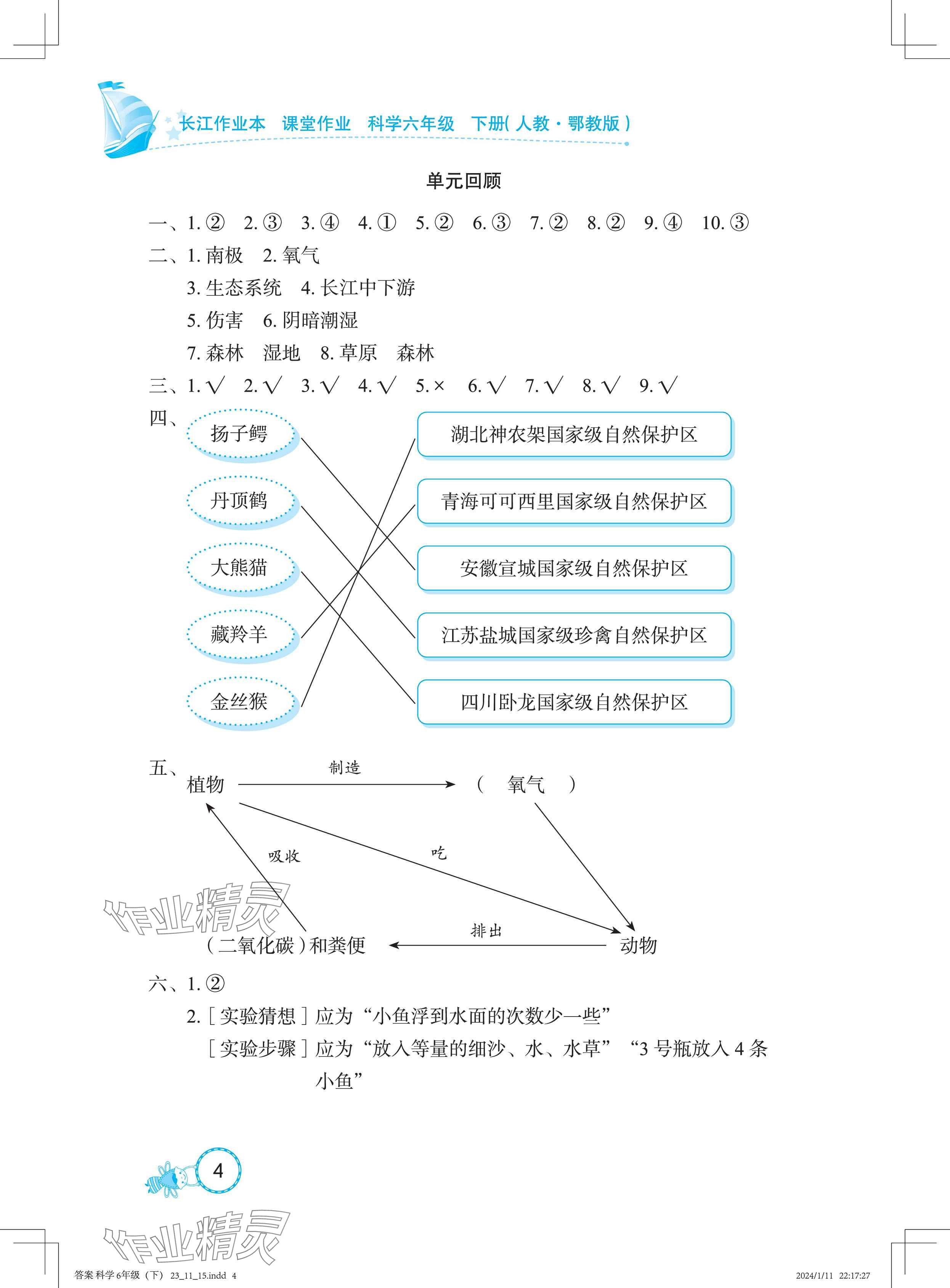 2025年长江作业本课堂作业六年级科学下册鄂教版&nbsp;参考答案第4页