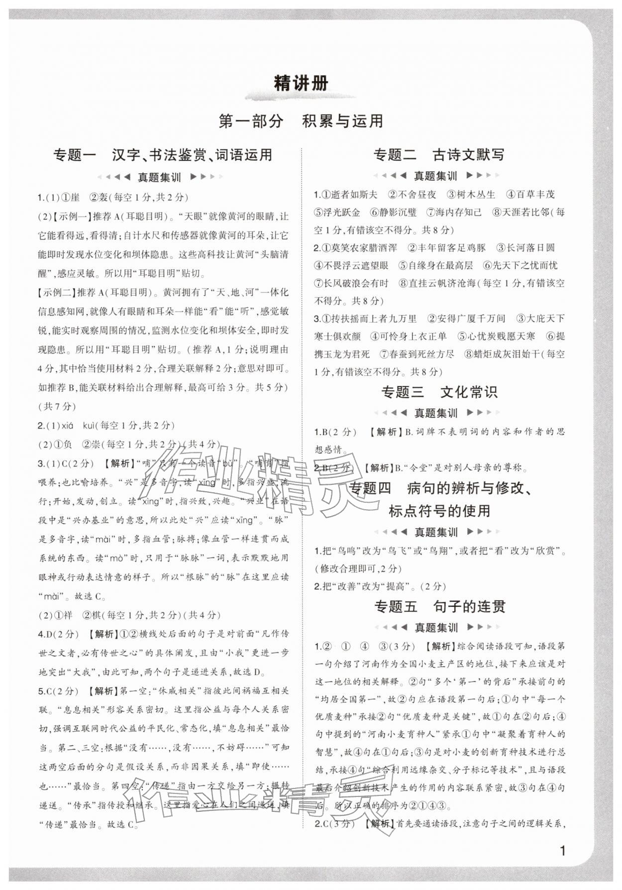 2026年中考复习通关讲练九年级语文人教版&nbsp;参考答案第1页