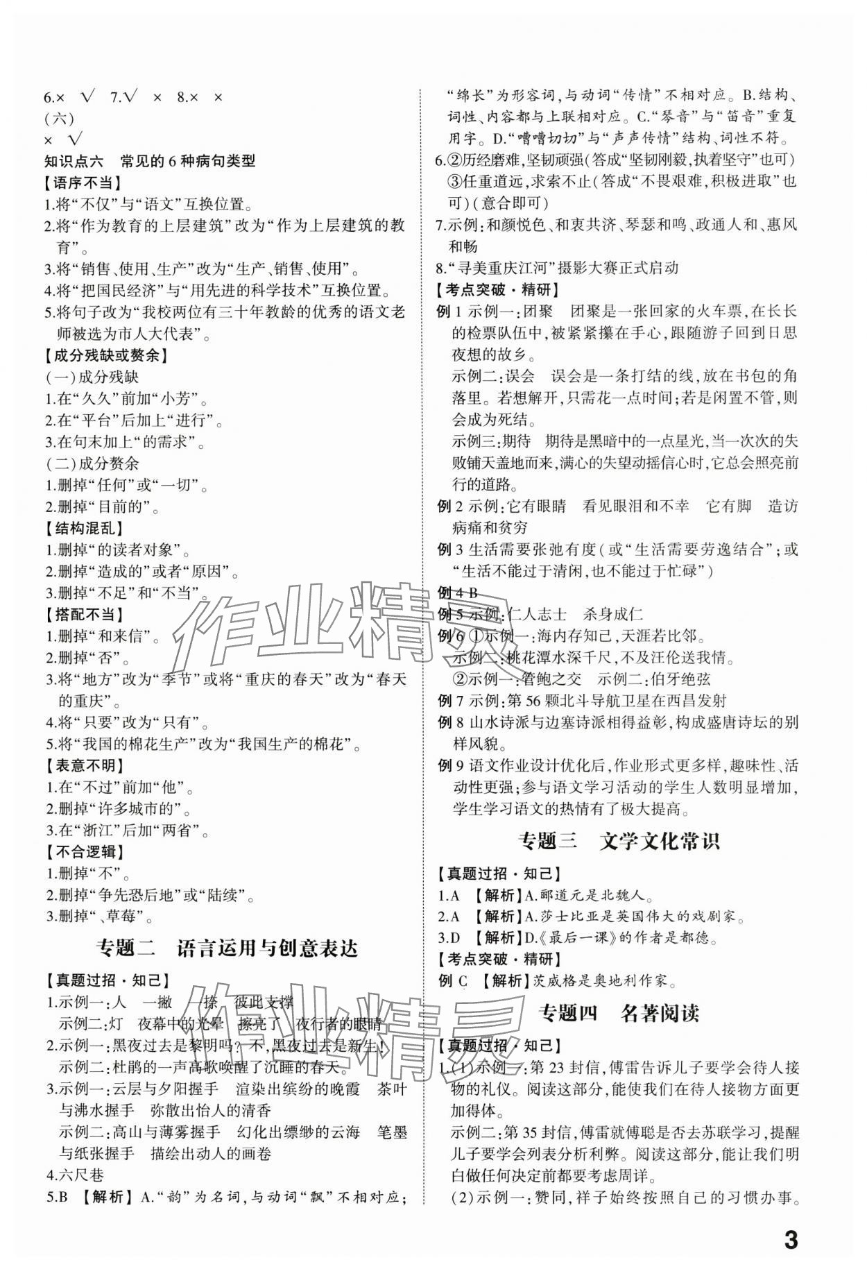 2024年智乐星中考命题研究语文中考重庆专版&nbsp;参考答案第2页