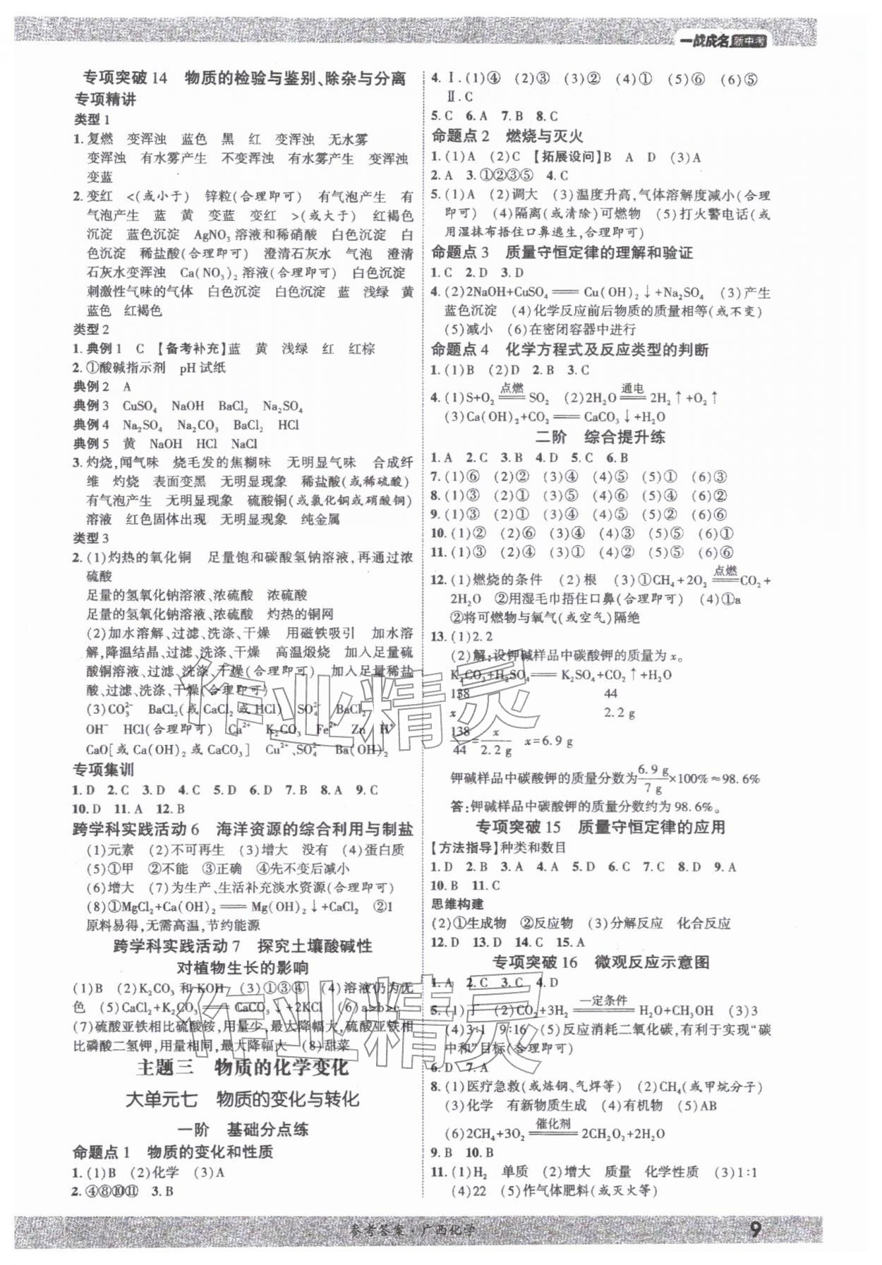 2026年一战成名新中考化学中考广西专版&nbsp;参考答案第8页