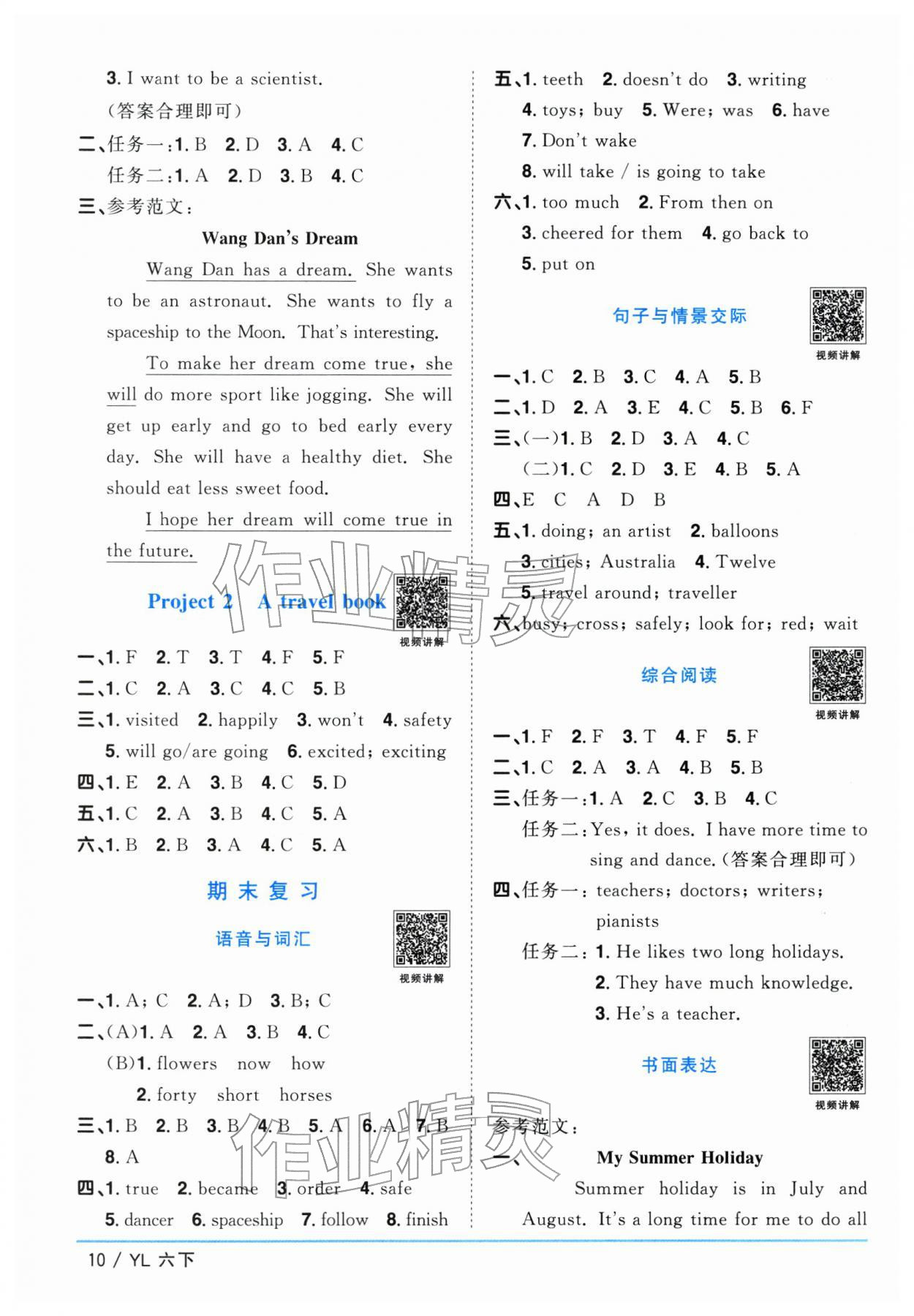 2026年阳光同学课时优化作业六年级英语下册译林版江苏专版&nbsp;参考答案第10页