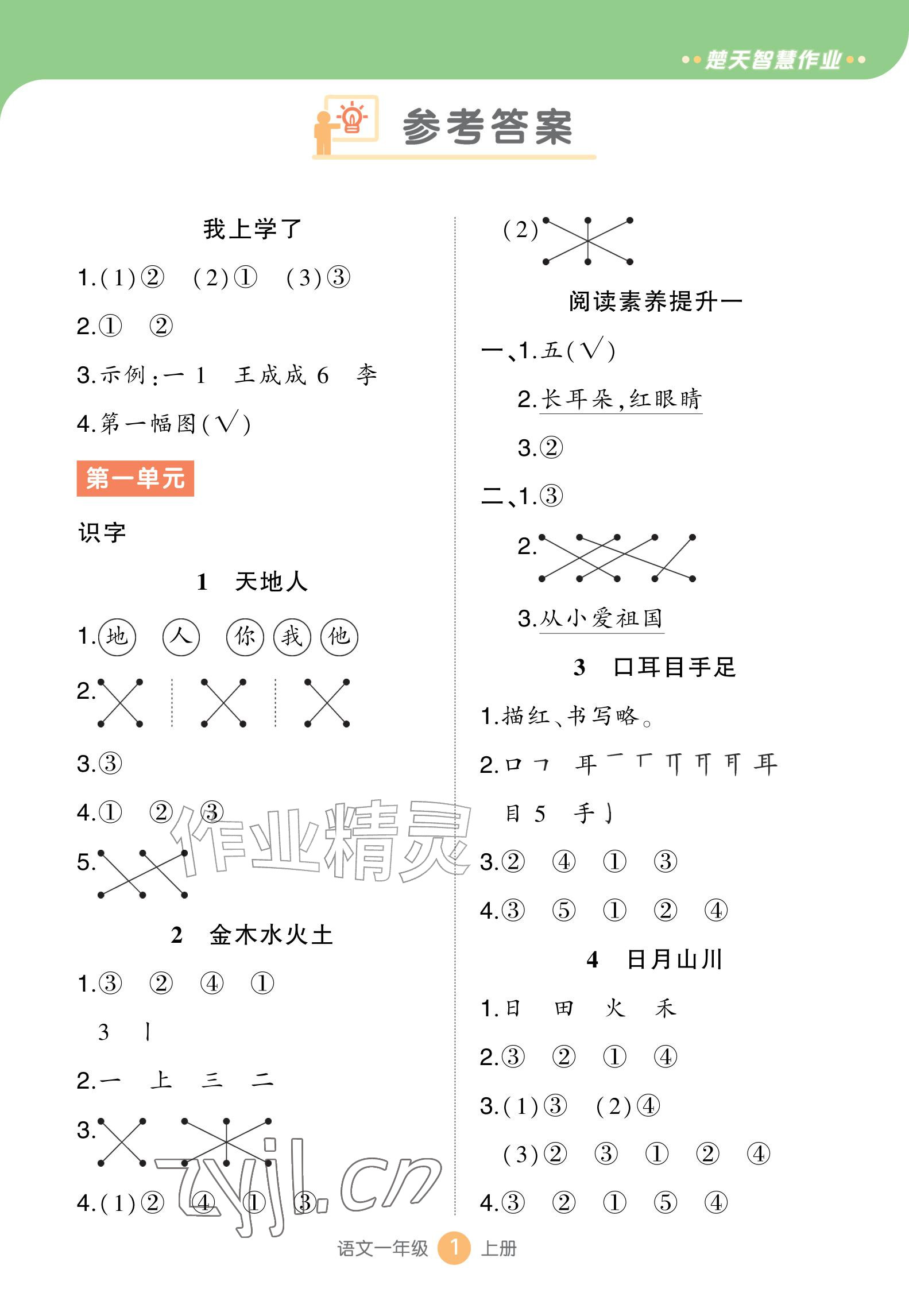 2026年AI智慧作业一年级语文上册人教版&nbsp;参考答案第1页
