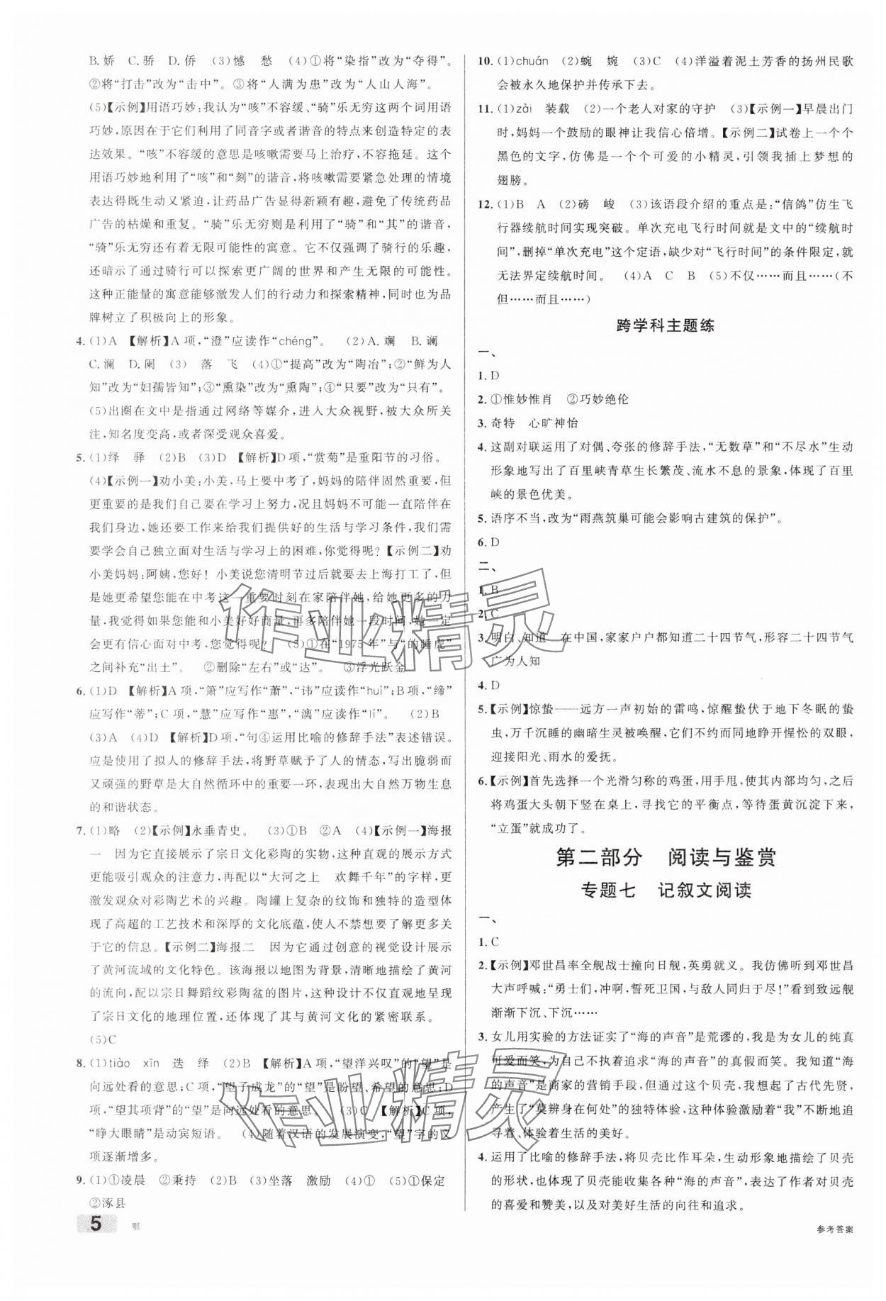 2025年火线100天语文湖北专版&nbsp;参考答案第5页