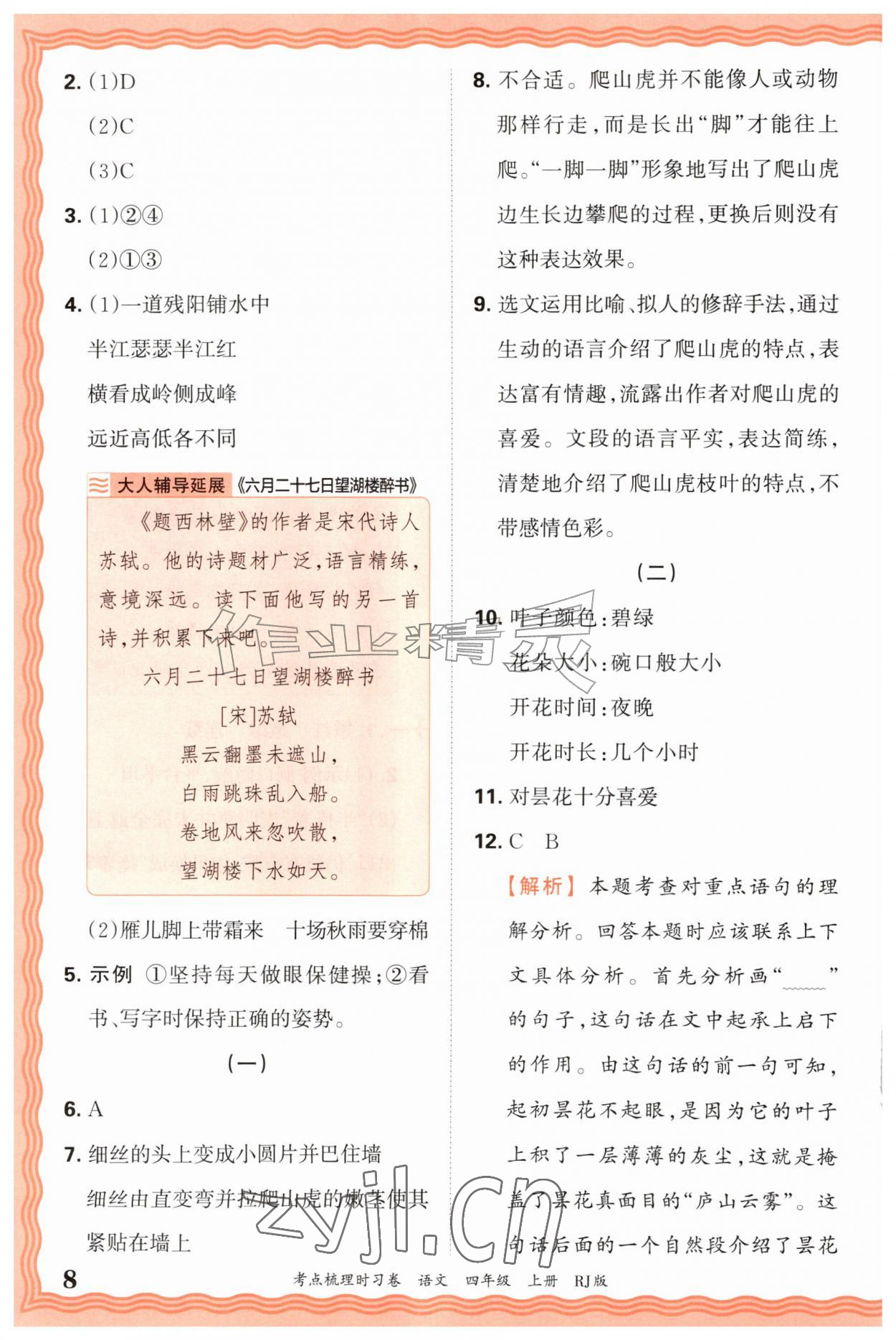 2026年王朝霞考点梳理时习卷四年级语文上册人教版&nbsp;第8页
