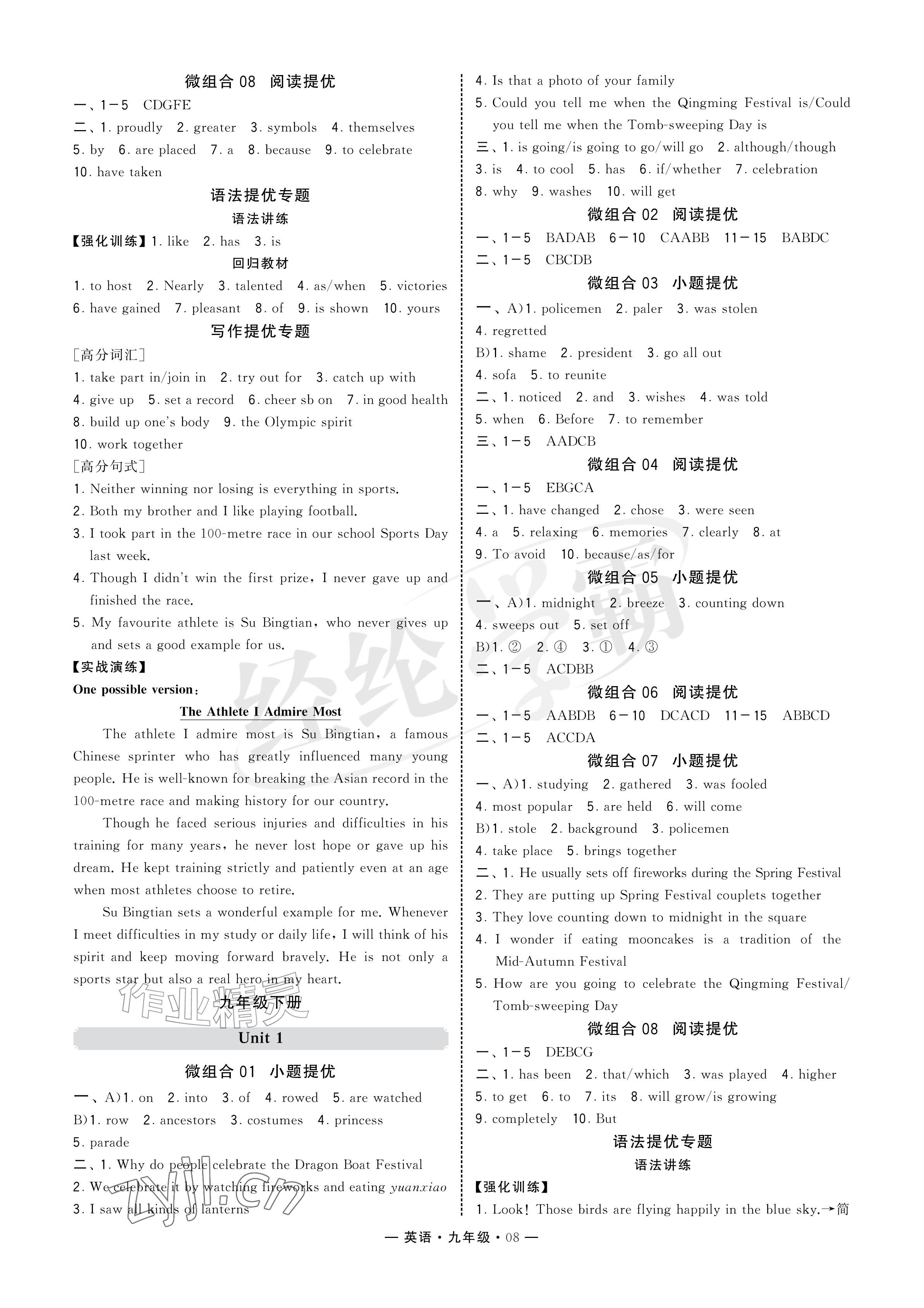 2026年学霸组合训练九年级英语全一册人教版济南专版&nbsp;参考答案第8页