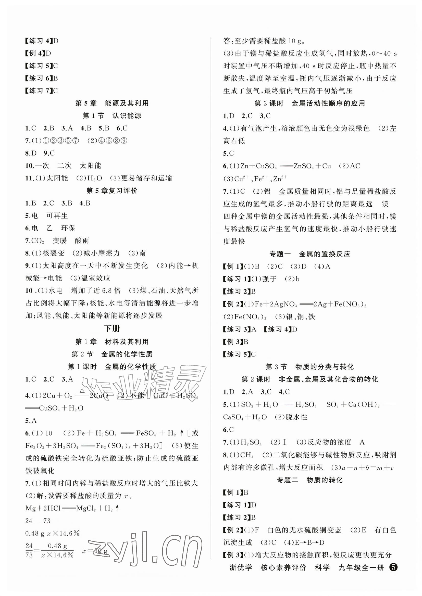 2026年浙优学核心素养评价九年级科学上册浙教版&nbsp;参考答案第5页