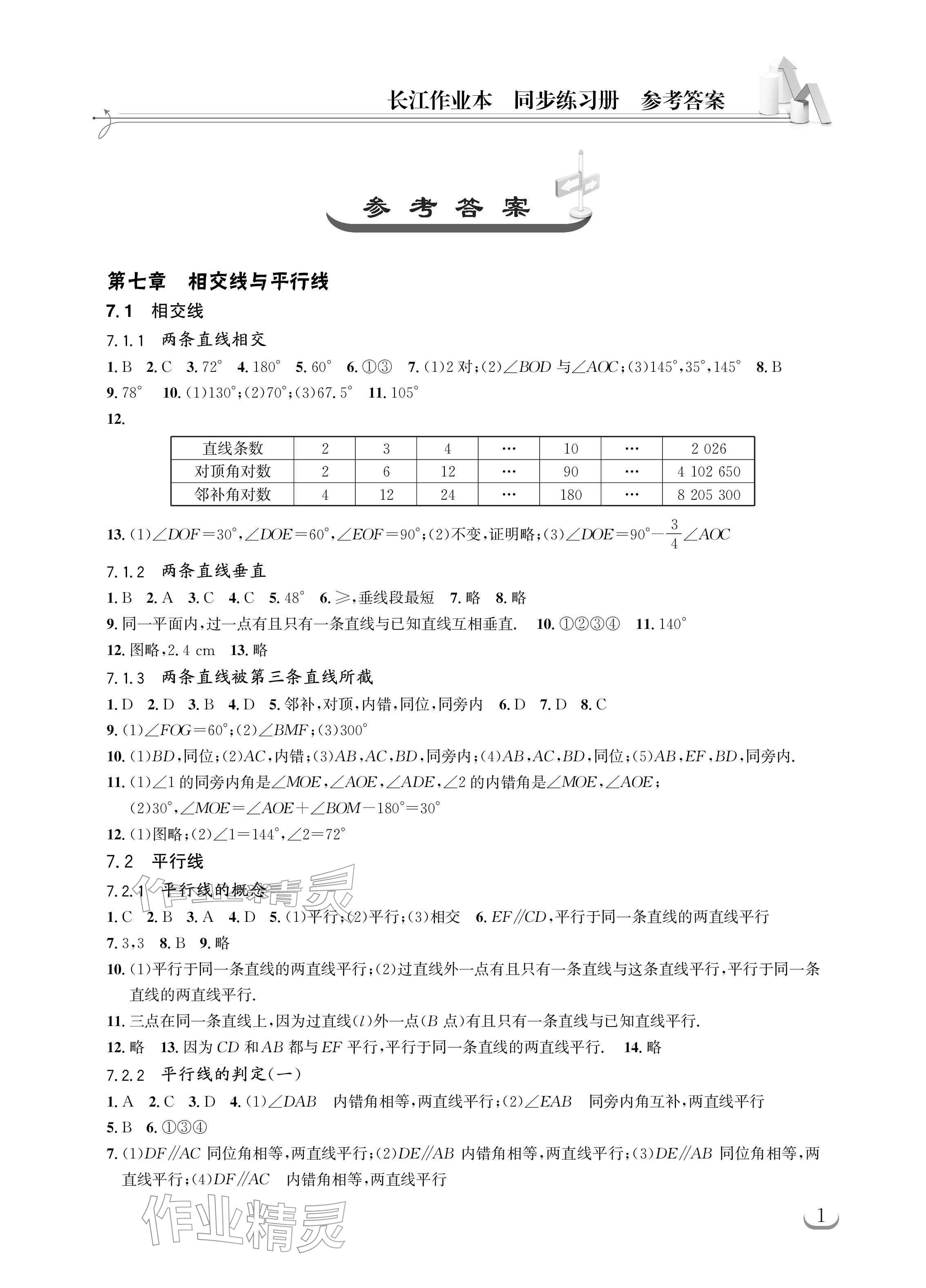2026年长江作业本同步练习册七年级数学下册人教版&nbsp;参考答案第1页