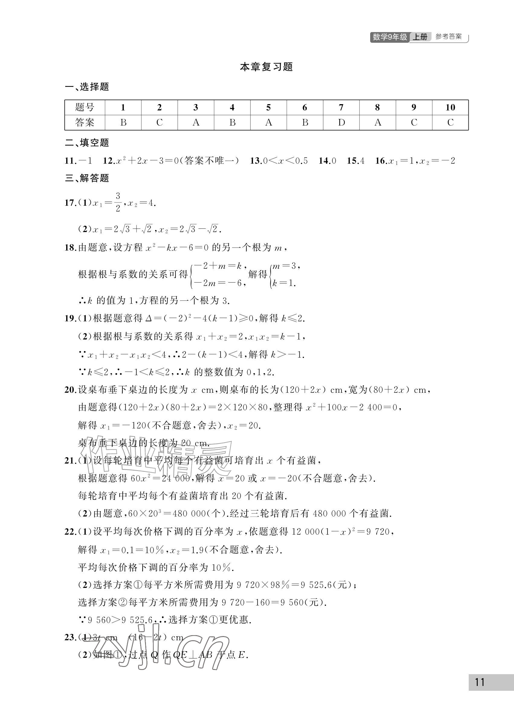 2026年课堂作业武汉出版社九年级数学上册人教版&nbsp;参考答案第11页